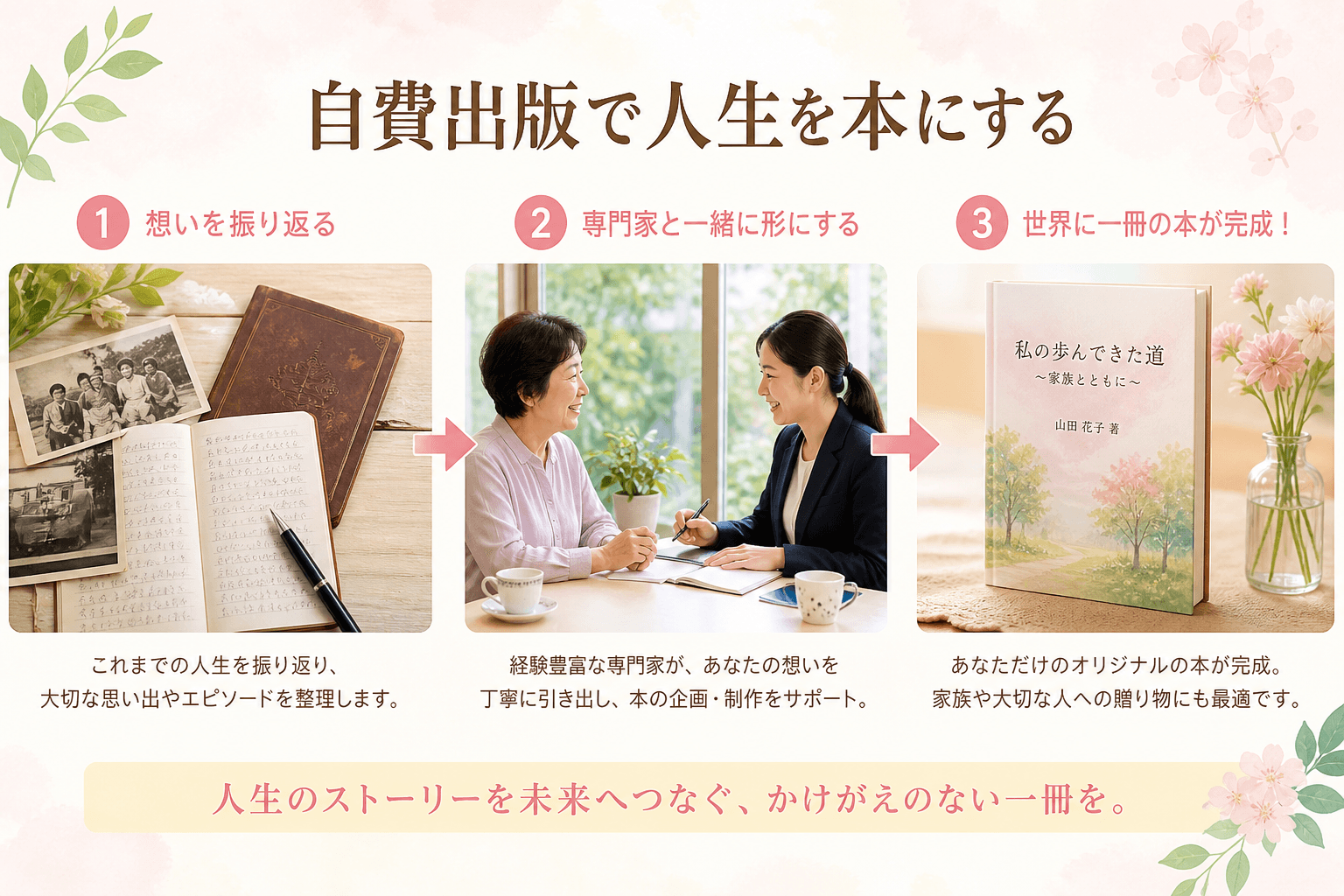 日本人、日本のスタイル, 「自費出版で人生を本にする」というテーマのステップ図インフォグラフィック。温かみのあるフラットデザインのデジタルイラスト。左から、個人の思い出の品々(古い写真、日記帳)、専門