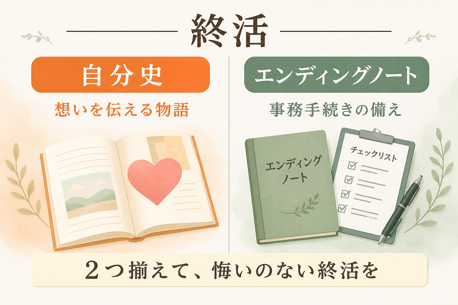 日本人、日本のスタイル, 「終活」をテーマにしたインフォグラフィック。画面を左右に分割した比較図。左側に「自分史」と題し、温かい色調で開かれた本とハートのアイコンを配置、「想いを伝える物語」と記載。右