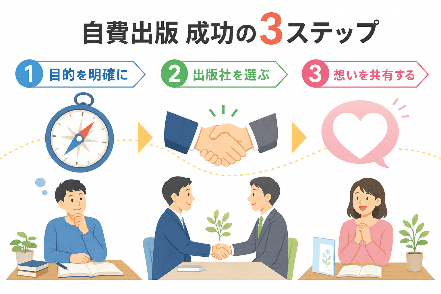 日本人、日本のスタイル, 「自費出版 成功の3ステップ」というタイトルのインフォグラフィック。白背景に明るい配色のフラットなデジタルイラスト。横長の構図で左から右へ3つの要素を配置。1:「目的を明確に