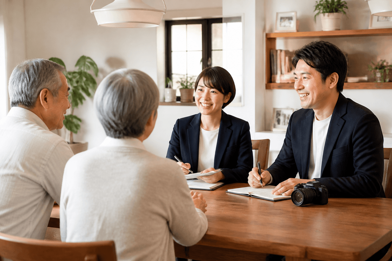 編集者とライターが、相談者（シニア層やそのご家族）の話を笑顔で聞いている、和やかな雰囲気の取材風景の写真]