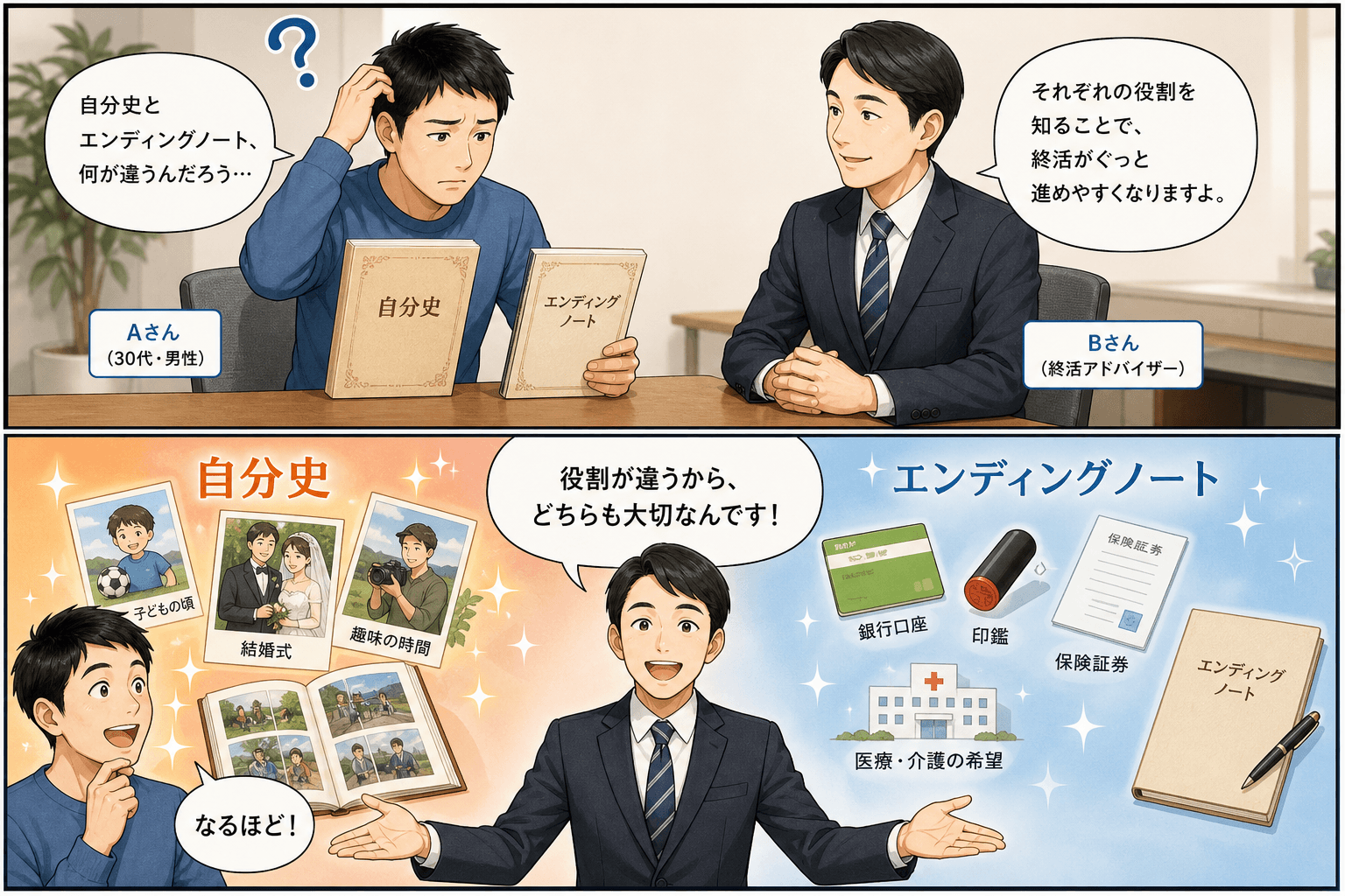 2コママンガ、コマ割りで1枚の画像に収める。コマ1: Aさん: 30代男性。終活について考え始めたばかり。 Bさん: 終活アドバイザー。にこやかで説明が上手。、テーブルを挟んで向かい合うAさんとBさん
