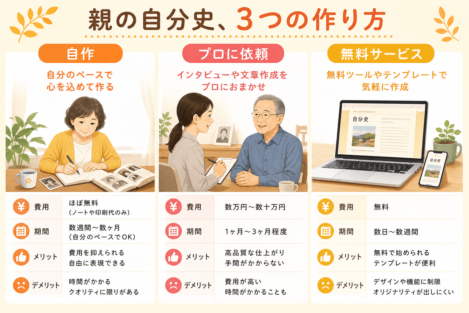 日本人、日本のスタイル, 「親の自分史、3つの作り方」というタイトルのインフォグラフィック。画面を縦に3分割し、「自作」「プロに依頼」「無料サービス」を比較する。それぞれの方法を象徴するイラストの下に