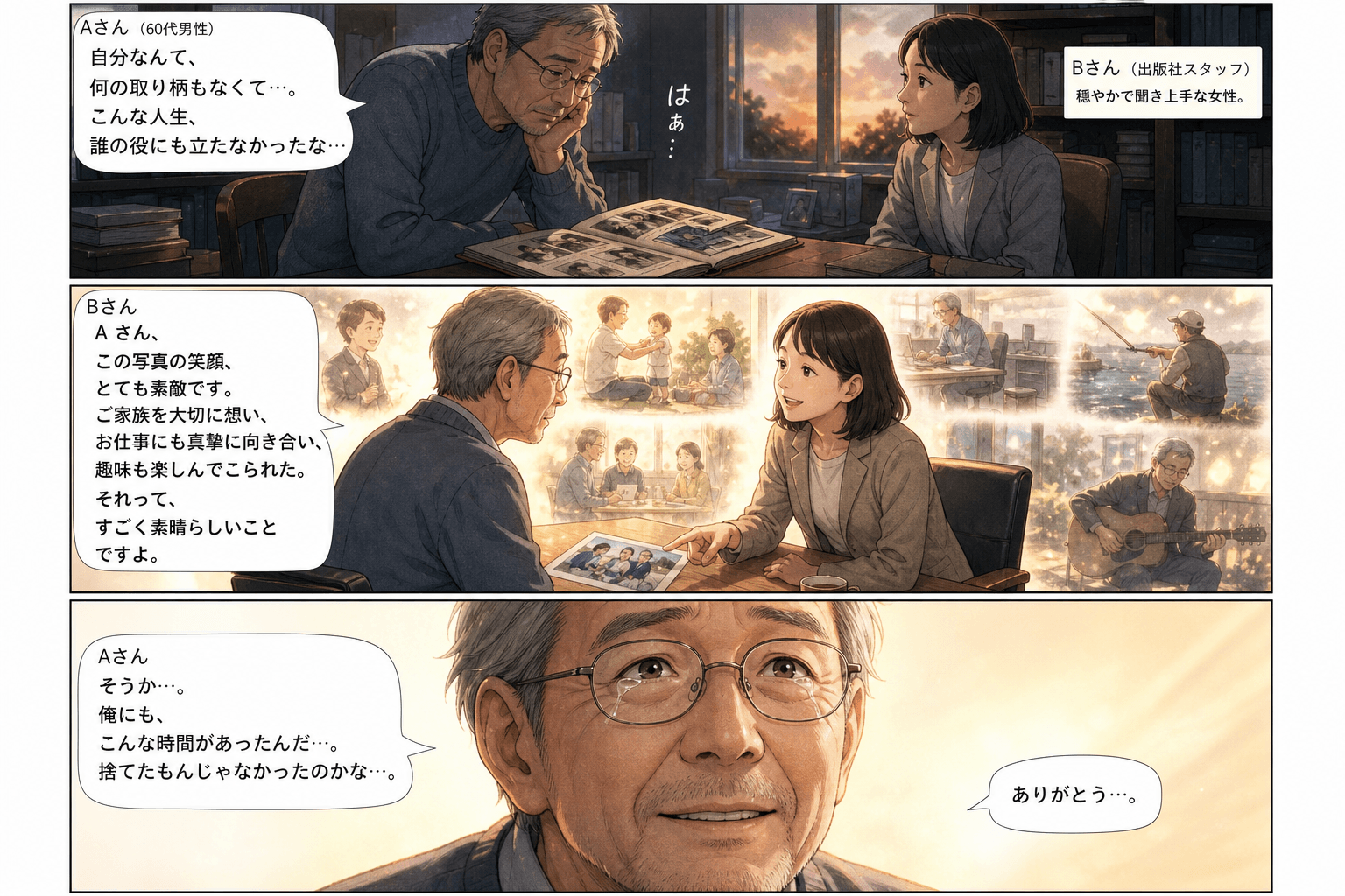3コママンガ、コマ割りで1枚の画像に収める。コマ1: Aさん: 60代の男性。自分の人生を振り返っている。 Bさん: 出版社のスタッフ。穏やかで聞き上手な女性。、自宅の書斎。Aさんが机に置かれた古いア