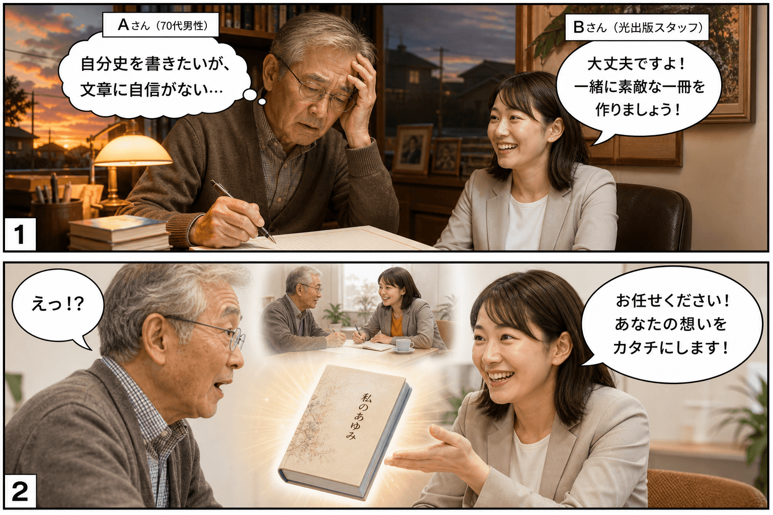 2コママンガ、コマ割りで1枚の画像に収める。コマ1: Aさん: 70代男性。自分史を書きたいが、文章に自信がない。 Bさん: 光出版の女性スタッフ。明るく親しみやすい。、自宅の書斎。白紙の原稿用紙を前