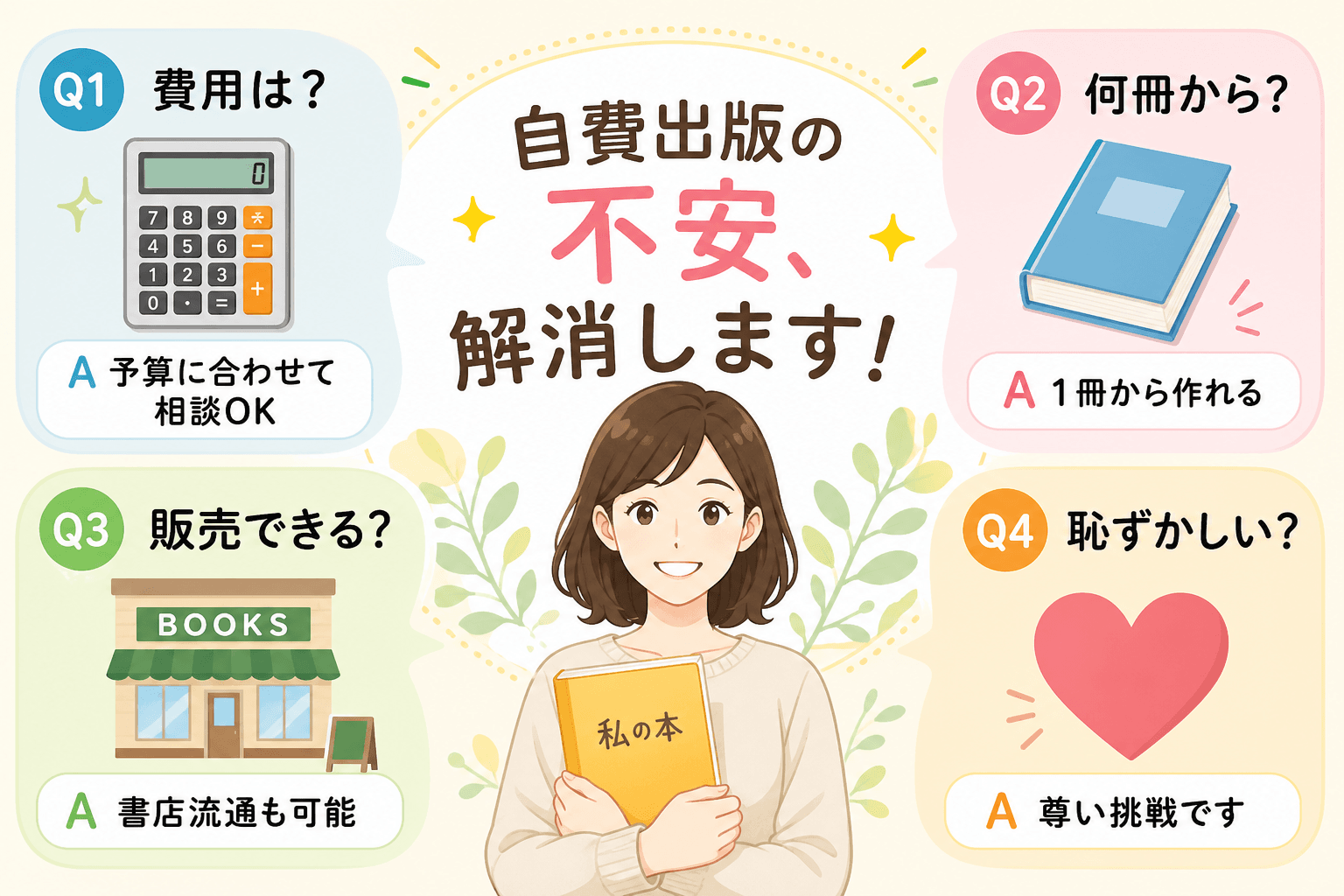 日本人、日本のスタイル, 自費出版のよくある質問を解説するインフォグラフィック。中央に「自費出版の不安、解消します！」という見出しと本を持って微笑む人物を配置。周囲に4つの質問と答えをアイコン付きで示