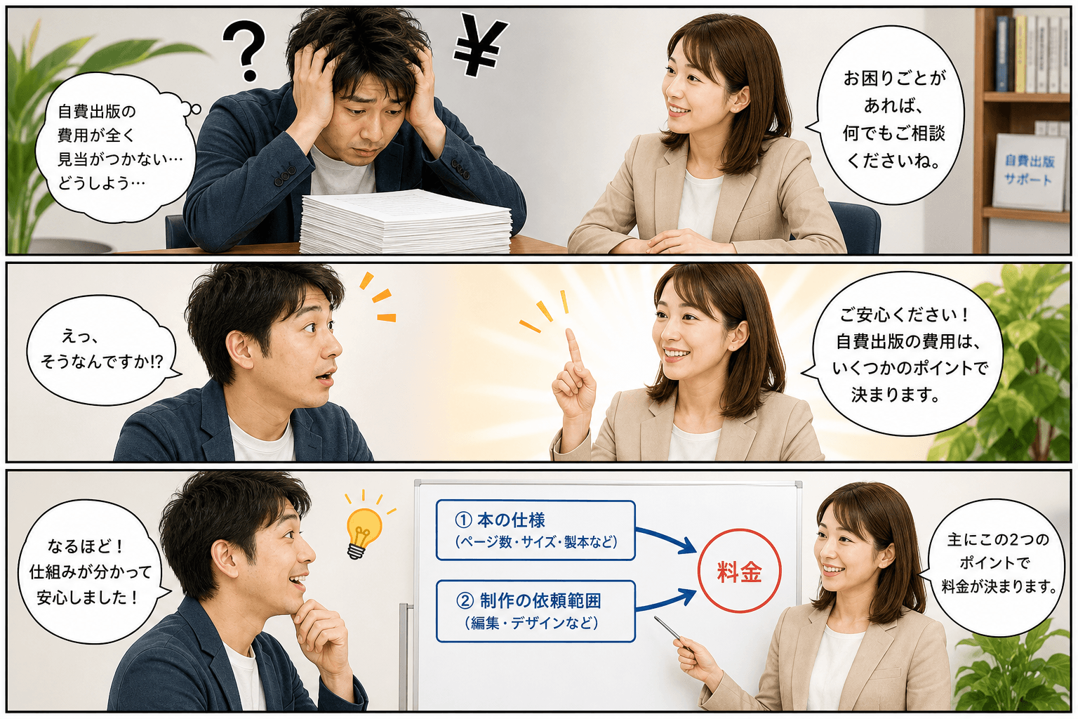 3コママンガ、コマ割りで1枚の画像に収める。コマ1: Aさん: 自費出版を考えている30代男性。費用について不安を感じている。 Bさん: 出版社の親切な女性スタッフ。、机に向かい、書き上げた原稿の束を