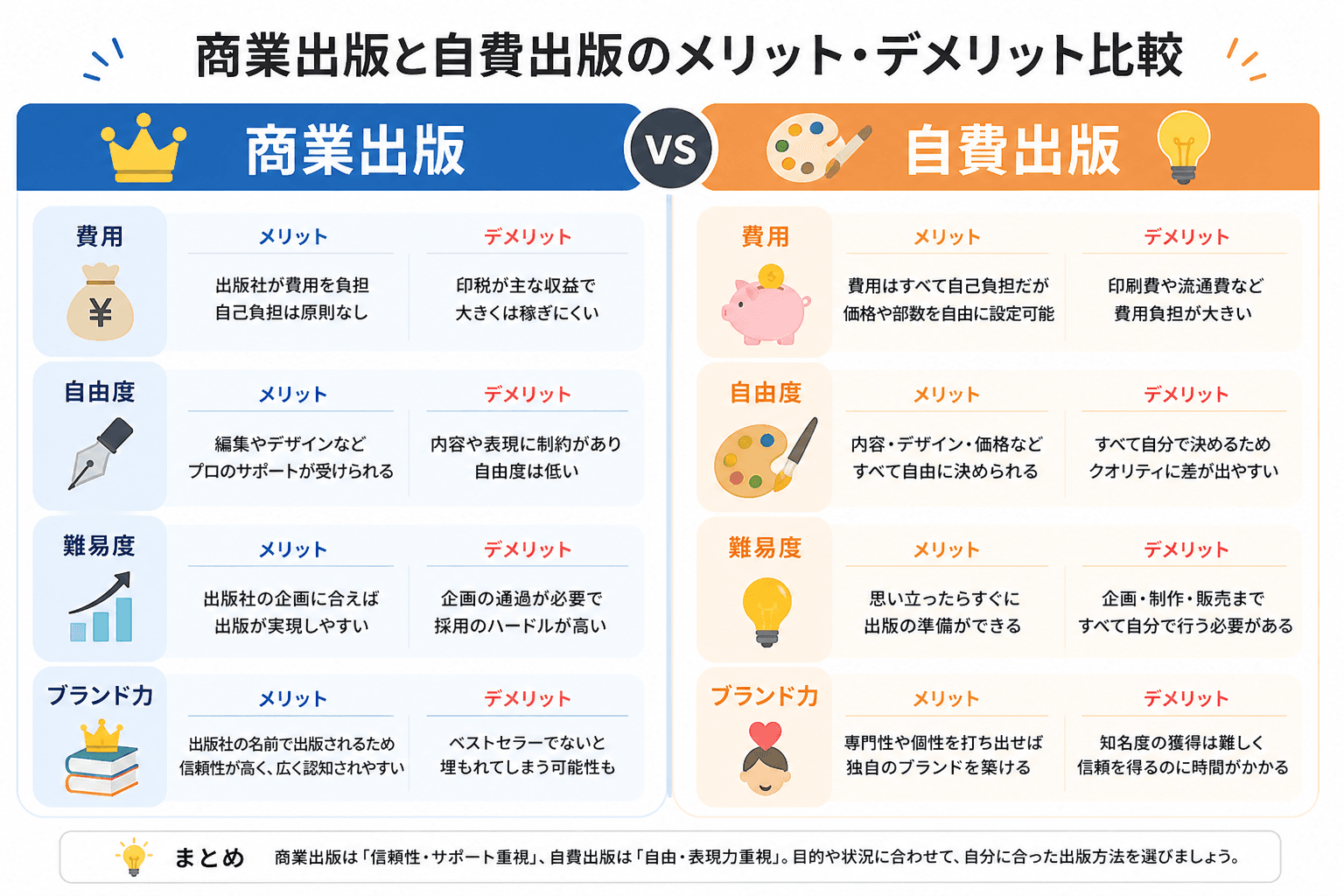 日本人、日本のスタイル, 商業出版と自費出版のメリット・デメリットを比較するインフォグラフィック。画面を中央で左右に分割し、左に「商業出版」、右に「自費出版」と日本語で表記。各々に「費用」「自由度」「