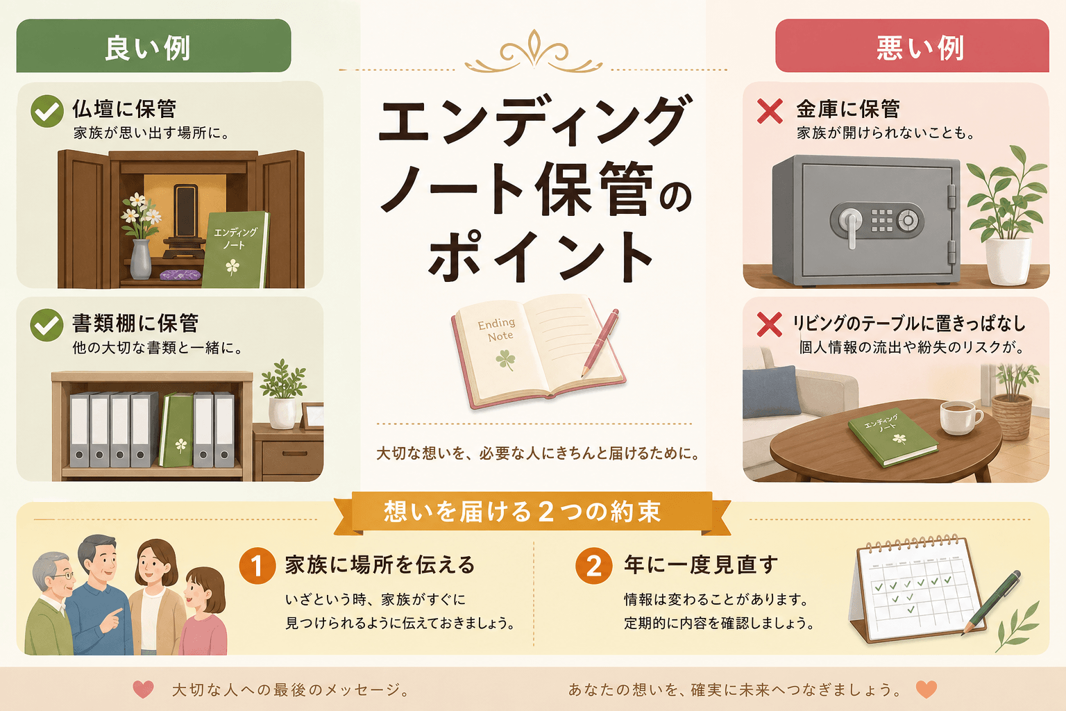日本人、日本のスタイル, エンディングノートの保管方法を解説するインフォグラフィック。フラットデザインのデジタルイラストで、温かみのある配色。中央に「エンディングノート保管のポイント」というタイトル。