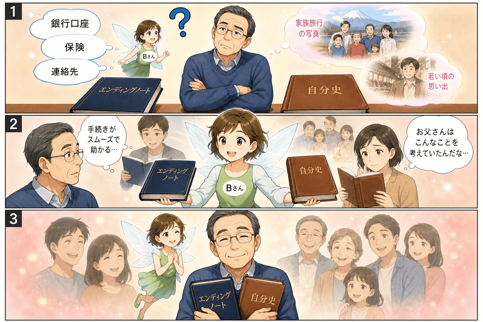 3コママンガ、コマ割りで1枚の画像に収める。コマ1: Aさん: 終活を考え始めた60代男性。少し困っている。 Bさん: 終活の知識を授けるガイド役。妖精のようなキャラクター。、Aさんが、分厚い「エンデ