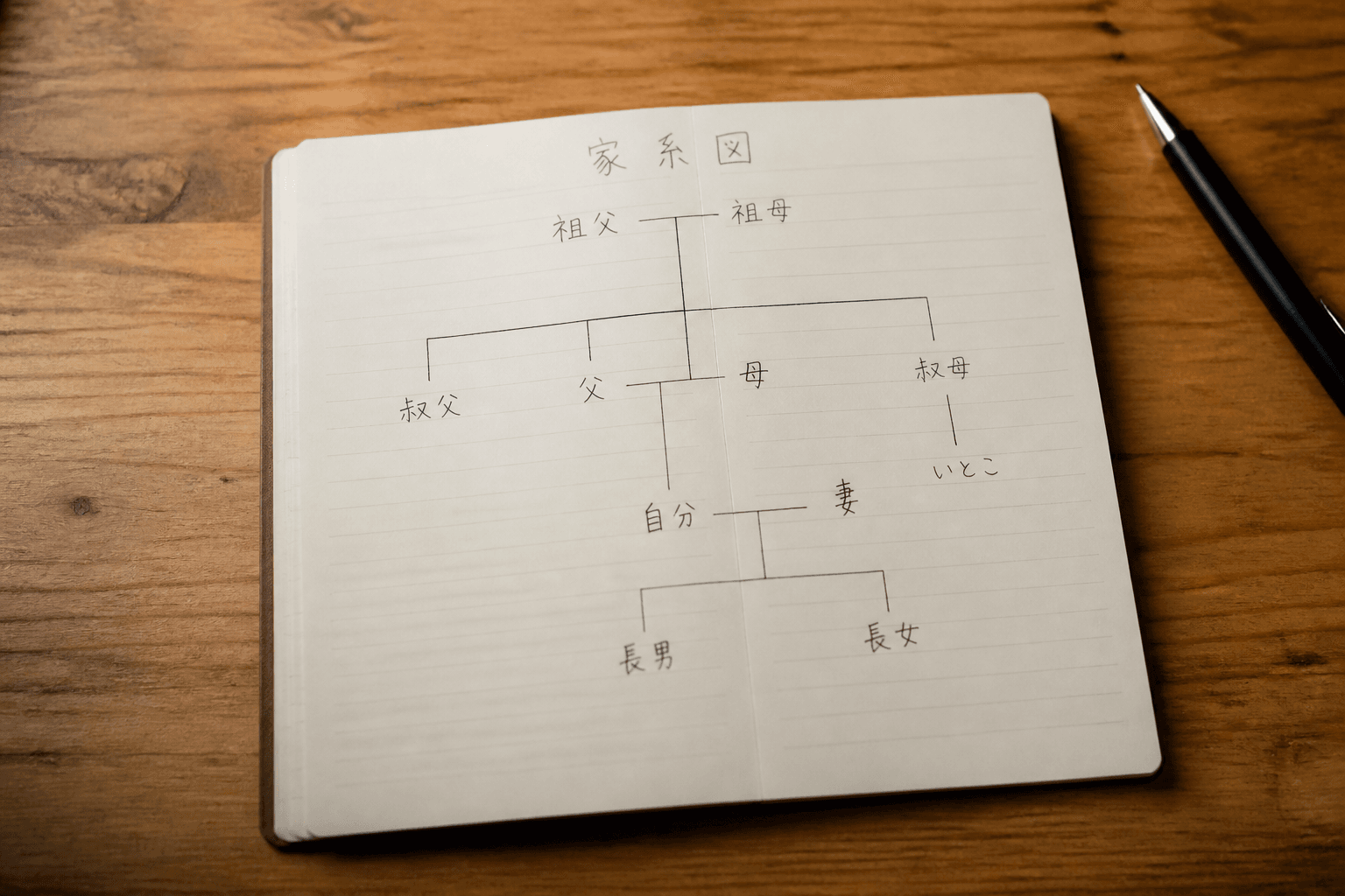 温かみのあるノートに手書きで作成されたシンプルな家系図のイメージ写真。完璧でなくても良いことが伝わるような雰囲気。]