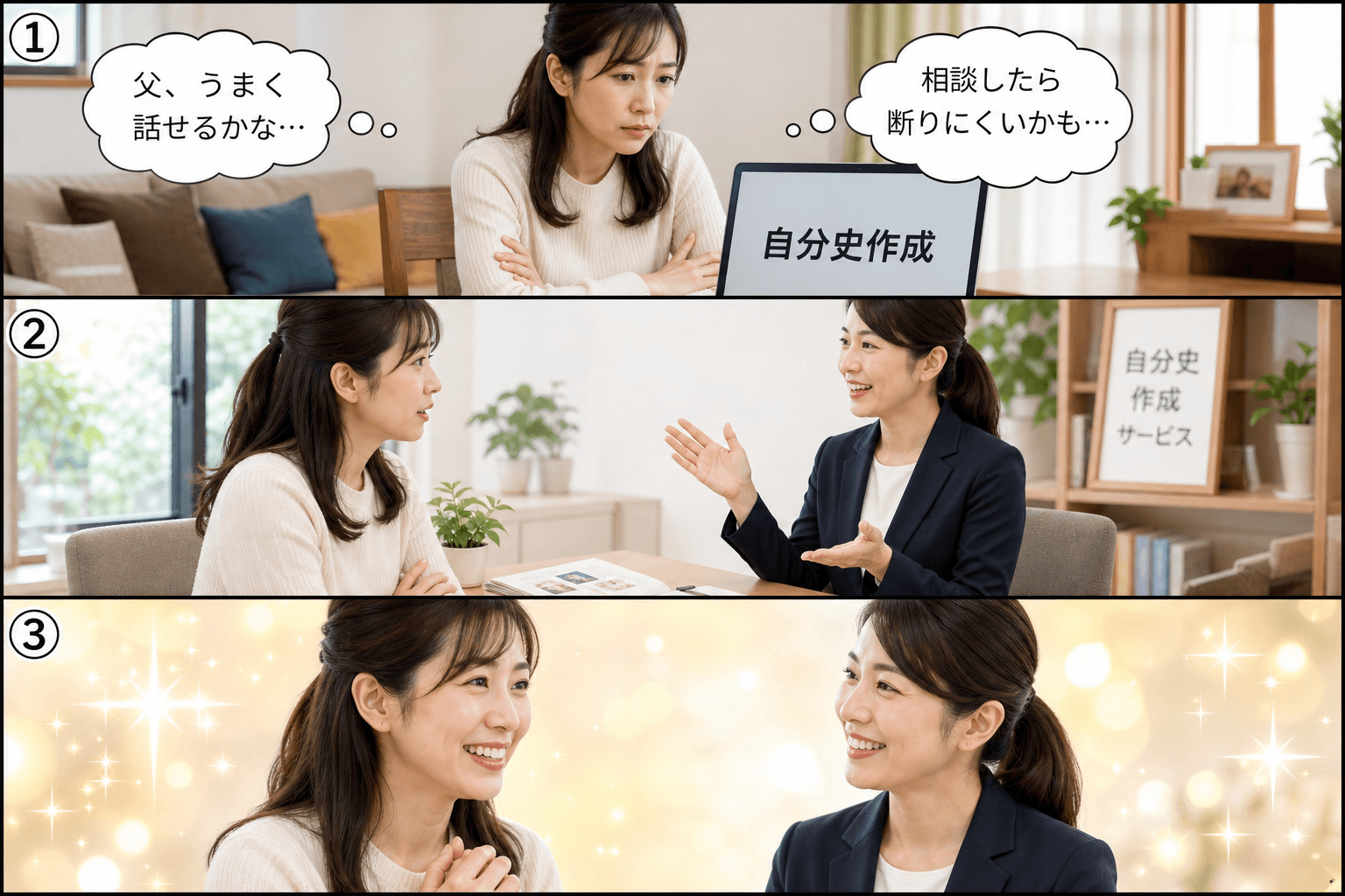 3コママンガ、コマ割りで1枚の画像に収める。コマ1: Aさん: 30代の女性。高齢の父親のために自分史作成を検討している。 Bさん: 自分史作成サービスの女性スタッフ。優しく安心感のある雰囲気。、Aさ