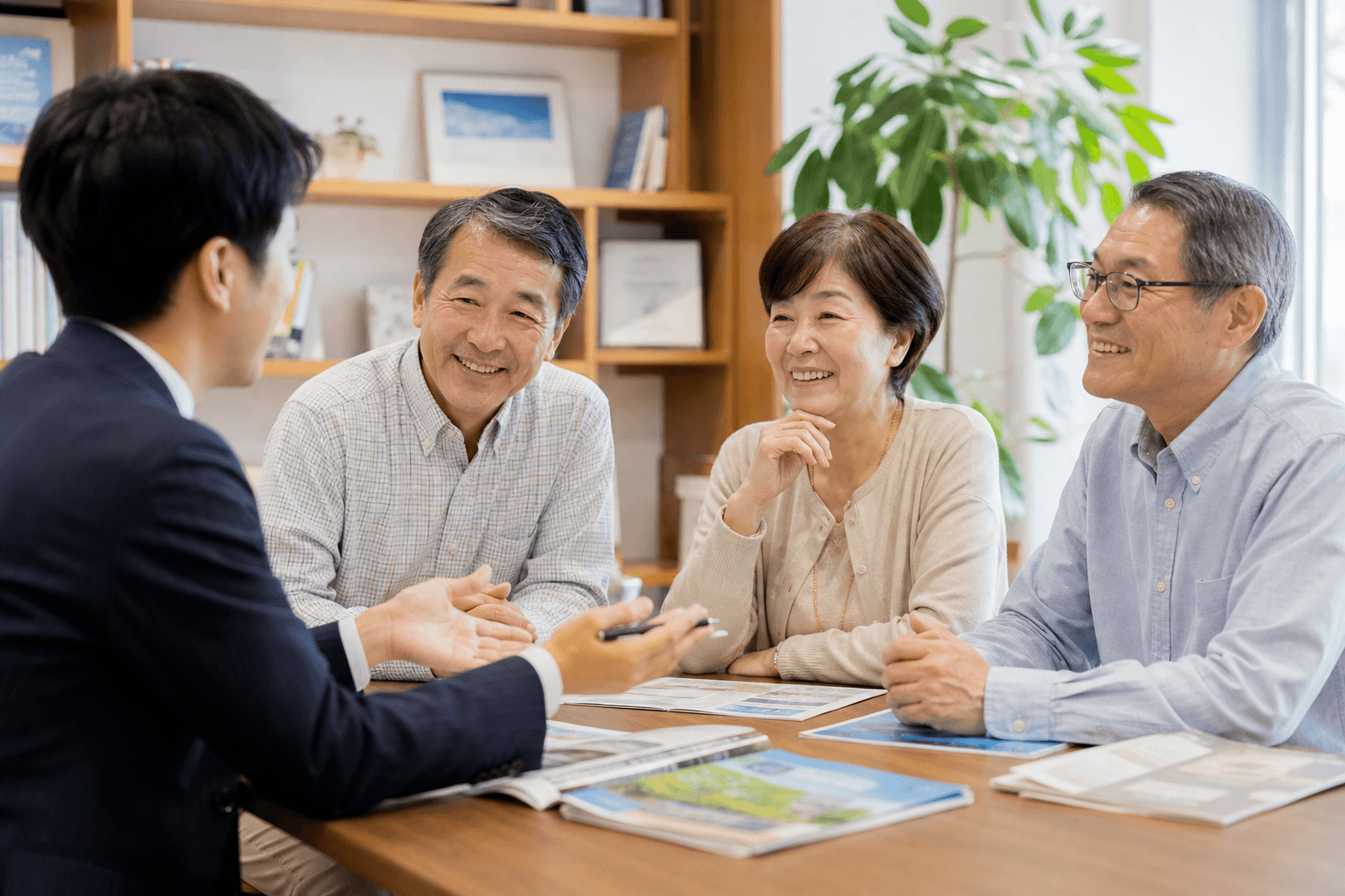50代〜70代の男女が、出版社の担当者と和やかな雰囲気で打ち合わせをしている様子の写真。読者が自分と重ね合わせ、相談のしやすさを感じられるようなイメージ。]