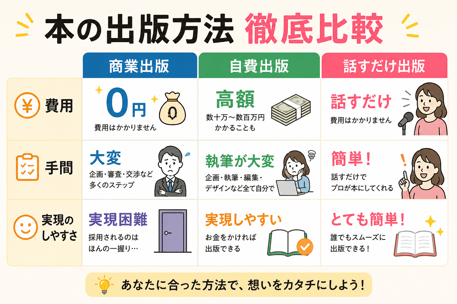 日本人、日本のスタイル, 「本の出版方法 徹底比較」というタイトルのインフォグラフィック。「商業出版」「自費出版」「話すだけ出版」の3つを列で比較する表形式。比較項目は「費用」「手間」「実現のしやすさ