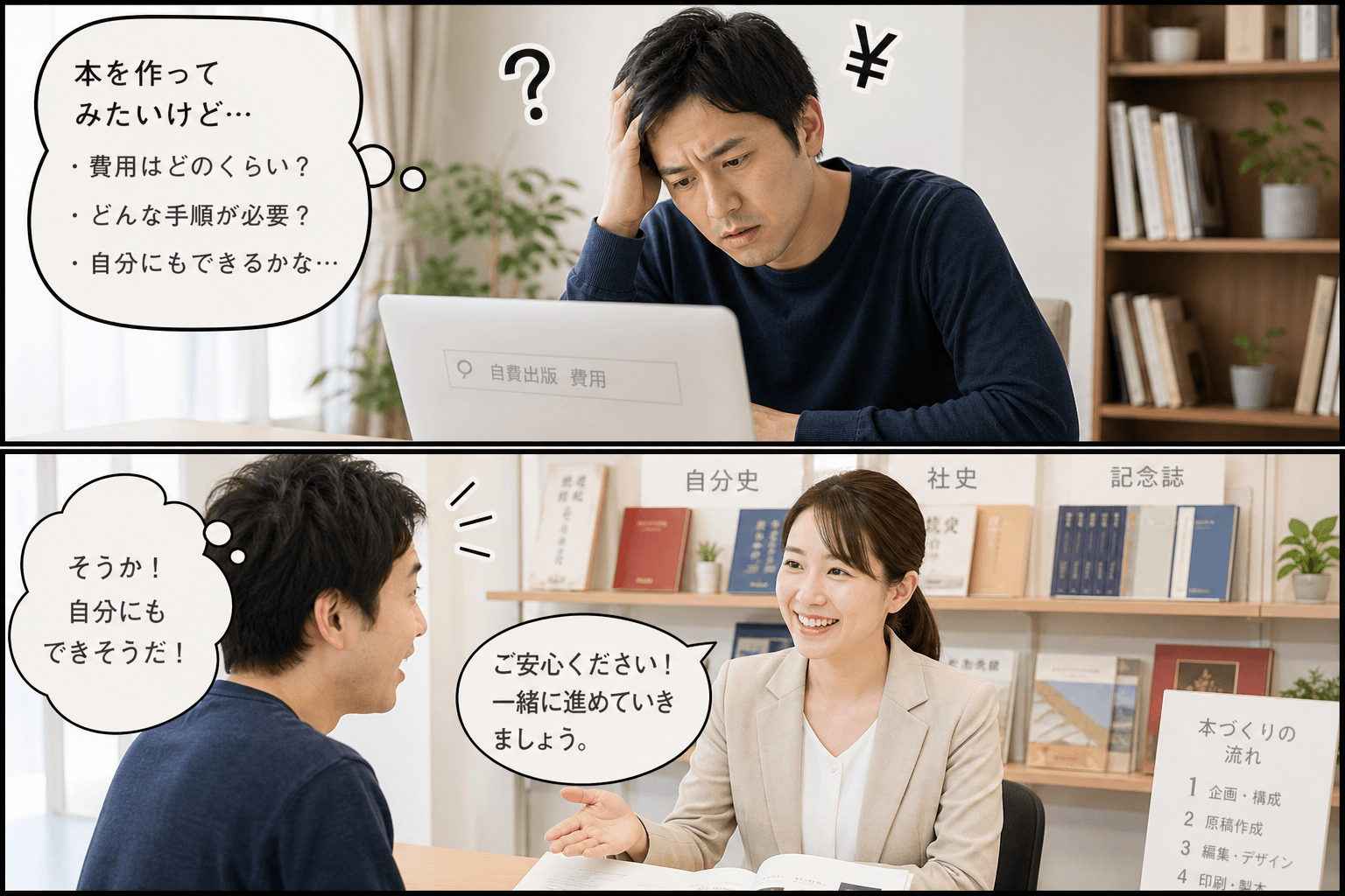 2コママンガ、コマ割りで1枚の画像に収める。コマ1: Aさん: 30代男性。本づくりに興味があるが、費用や手順に不安を感じている。 スタッフBさん: 出版社の相談員。親しみやすく、丁寧な女性。、自宅の