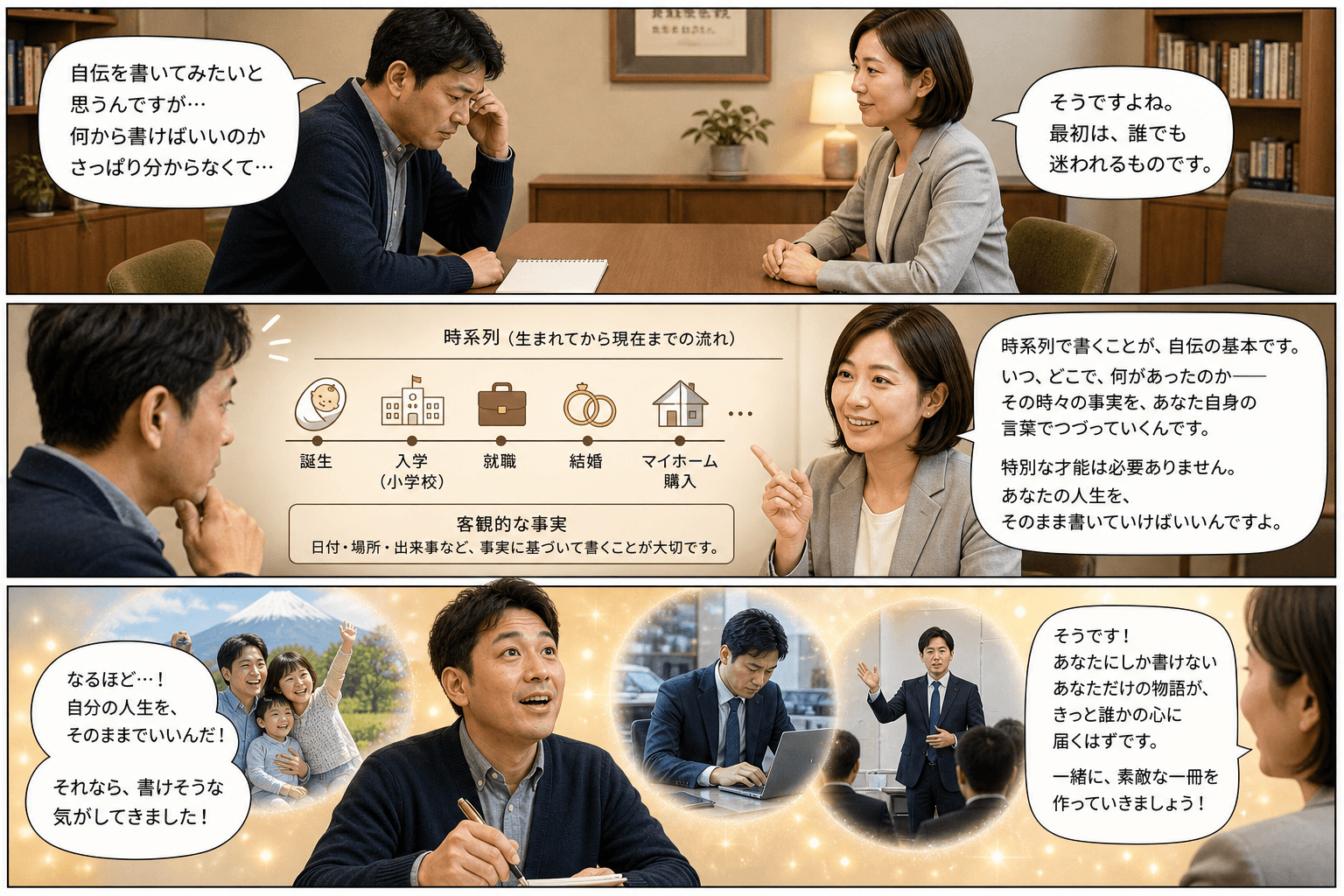 3コママンガ、コマ割りで1枚の画像に収める。コマ1: 自伝に興味を持つ男性Aさん（40代）、専門スタッフBさん（落ち着いた雰囲気の女性）、カウンセリングルームのような落ち着いた部屋。テーブルを挟んで向