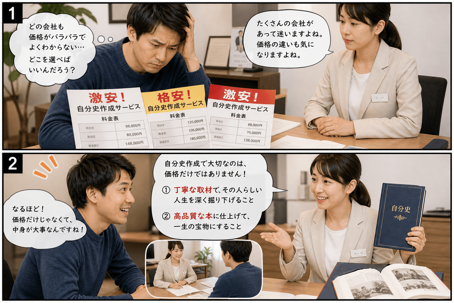2コママンガ、コマ割りで1枚の画像に収める。コマ1: Aさん: 30代男性。自分史作成を検討している。 Bさん: 自分史作成代行サービスのスタッフ。、相談カウンターで、Aさんが複数の会社のパンフレット