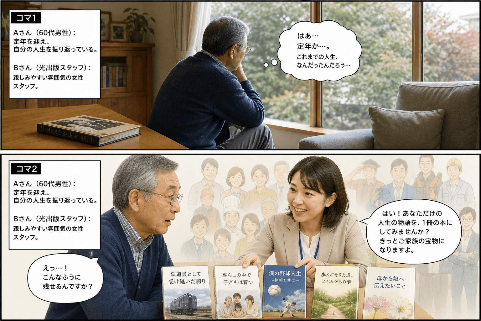 2コママンガ、コマ割りで1枚の画像に収める。コマ1: Aさん（60代男性）: 定年を迎え、自分の人生を振り返っている。 Bさん（光出版スタッフ）: 親しみやすい雰囲気の女性スタッフ。、自宅のリビング。