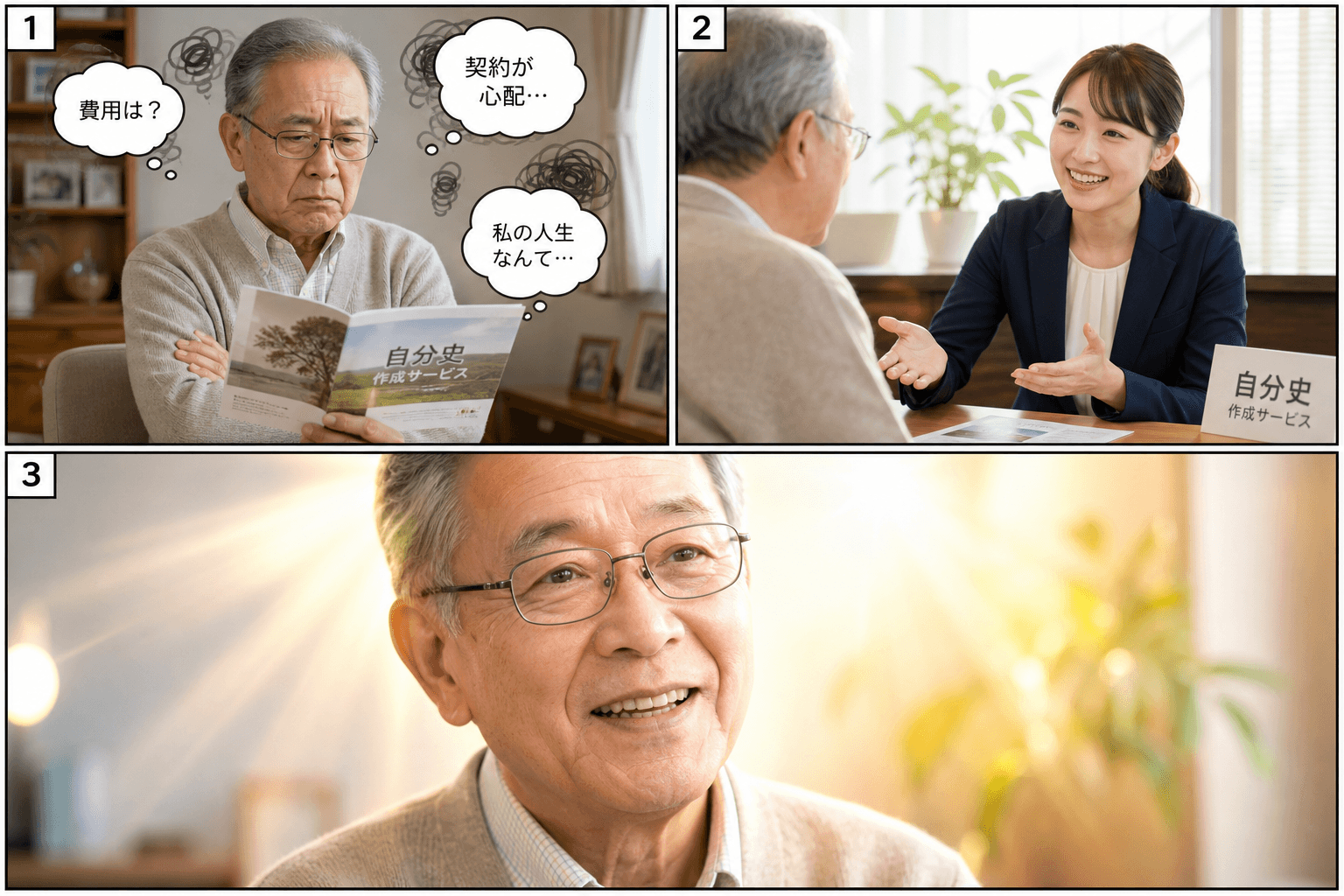 3コママンガ、コマ割りで1枚の画像に収める。コマ1: Aさん: 70代男性。自分史に興味があるが、様々な不安を抱えている。 Bさん: 30代女性。自分史作成サービスのスタッフ。、自宅の居間で、Aさんが