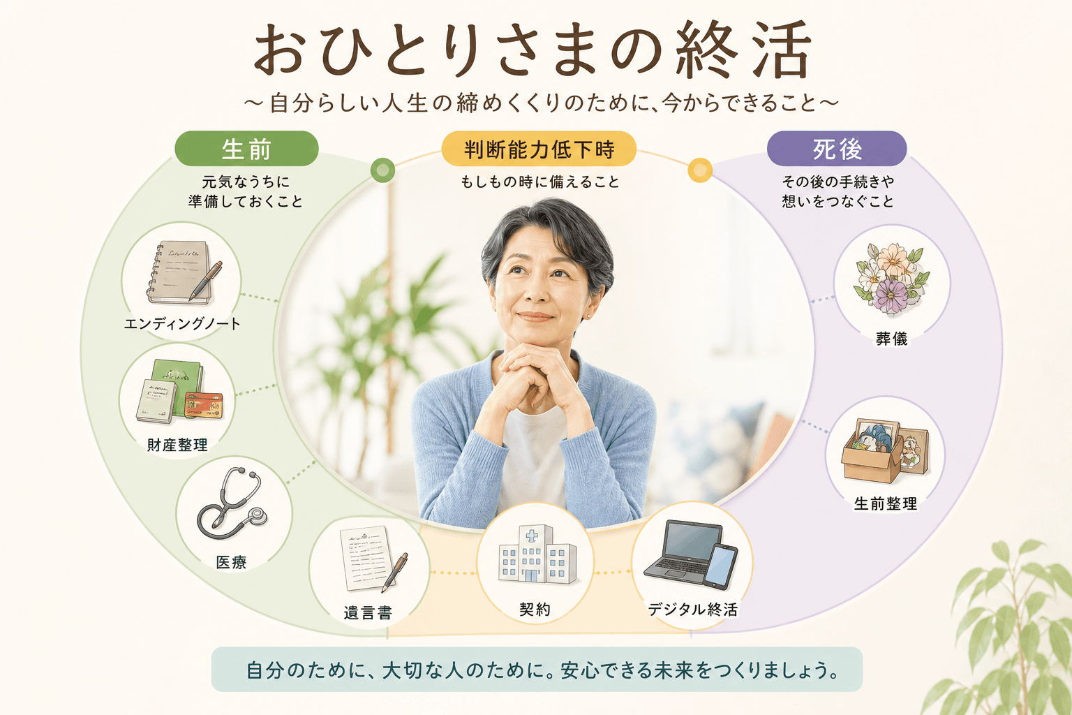 日本人、日本のスタイル, 「おひとりさまの終活」をテーマにしたインフォグラフィック。中央に安心した表情の中高年。その周りを左から「生前」「判断能力低下時」「死後」と書かれた3つのフェーズを示すタイムラ