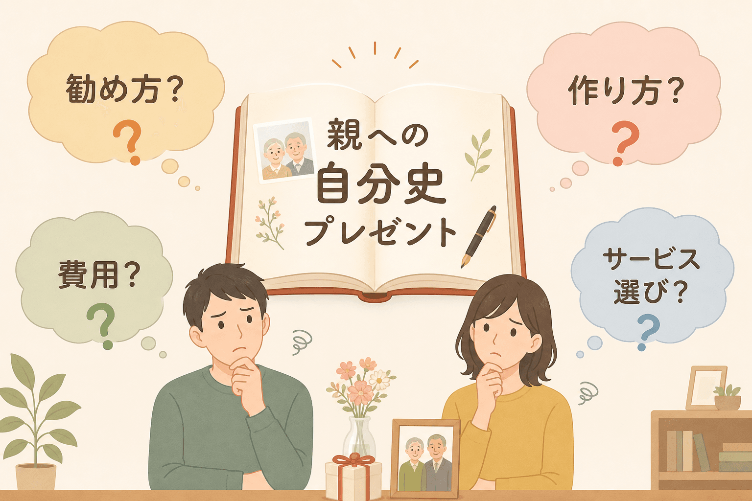 日本人、日本のスタイル, インフォグラフィック、フラットデザイン。中央に「親への自分史プレゼント」というテーマを象徴する開いた本のアイコンを配置。その周りに、困った表情の30代男女のイラストと、「勧め