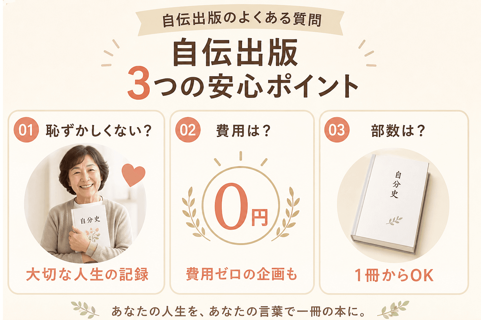 日本人、日本のスタイル, 「自伝出版のよくある質問」をテーマにしたインフォグラフィック。温かみのあるフラットデザインのデジタルイラスト。中央に「自伝出版 3つの安心ポイント」とタイトルを配置。全体を3