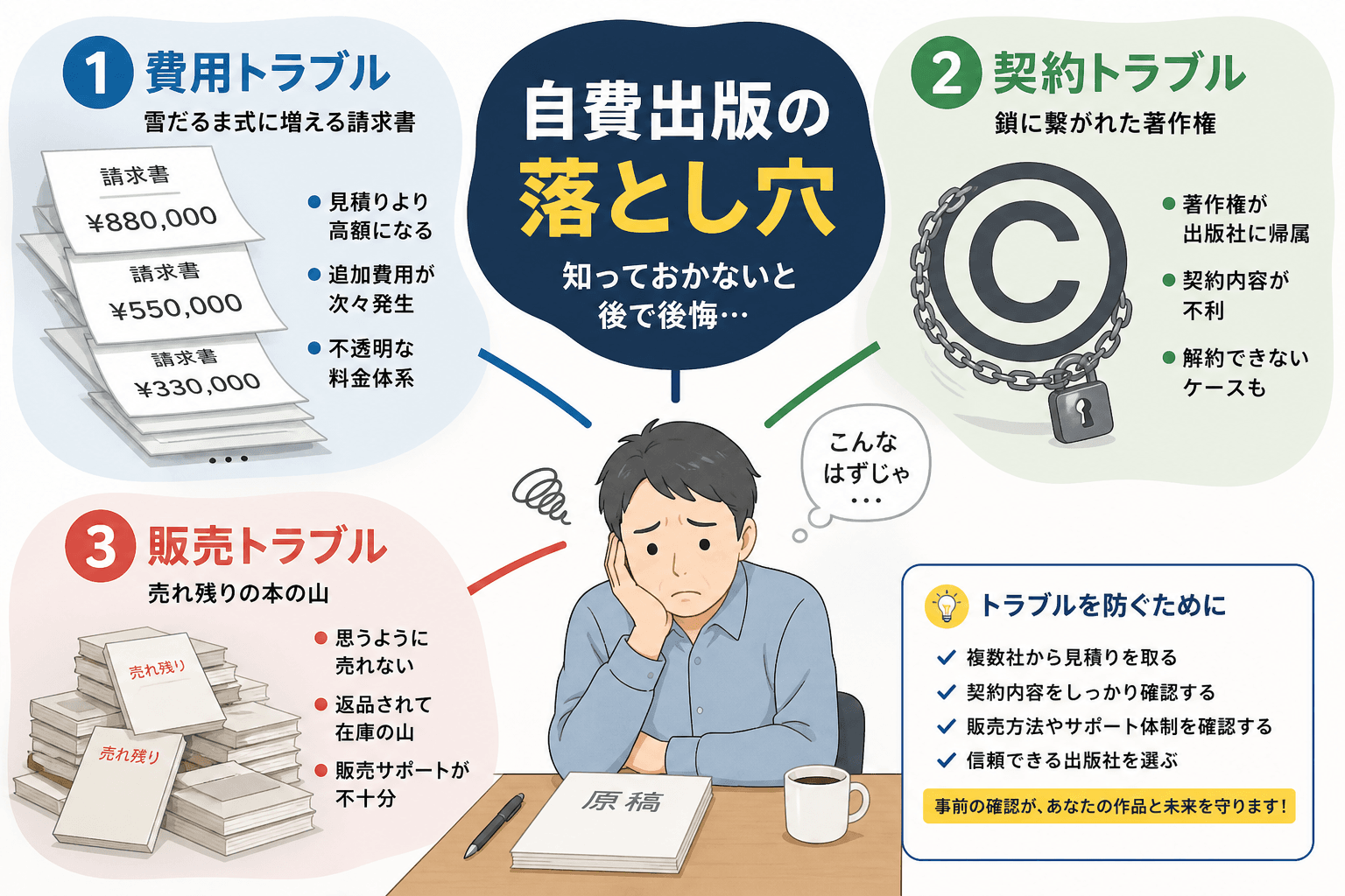 日本人、日本のスタイル, 自費出版のトラブルを解説するインフォグラフィック。「自費出版の落とし穴」という中心テーマから放射状に3つの問題（費用、契約、販売）が伸びる構成。費用トラブルは雪だるま式に増え