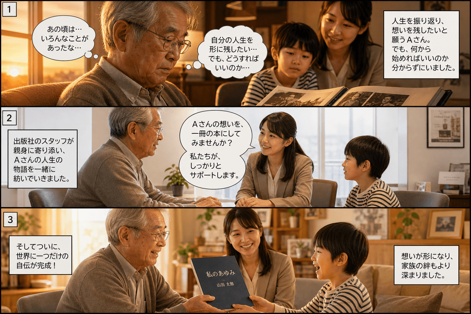 3コママンга、コマ割りで1枚の画像に収める。コマ1: Aさん（70代男性）、Bさん（出版社の女性スタッフ）、Aさんの孫、窓辺の椅子に座り、古いアルバムを見ながら物思いにふけるAさん。少し寂しげな横顔の