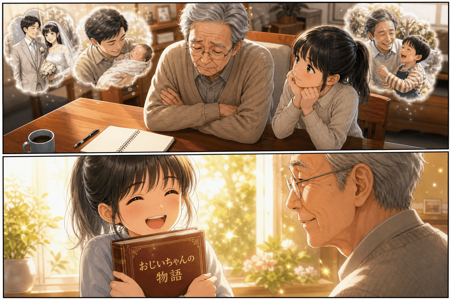 2コママンガ、コマ割りで1枚の画像に収める。コマ1: おじいさん (70代): 自身の人生を振り返り、家族に何かを残したいと考えている。 孫娘 (10代): おじいさんのことが大好きな、未来の世代を象