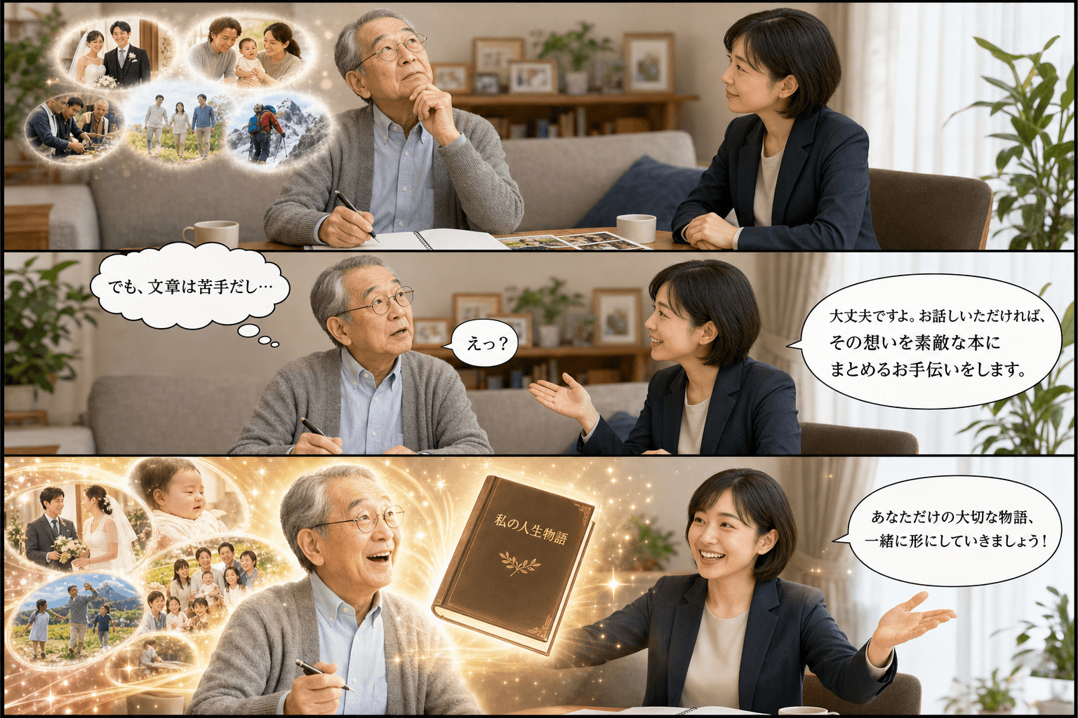 3コママンガ、コマ割りで1枚の画像に収める。コマ1: Aさん: 70代の男性。エンディングノートを作成中。 Bさん: 出版社の編集者。穏やかで聞き上手な女性。、リビングのテーブルで、エンディングノート