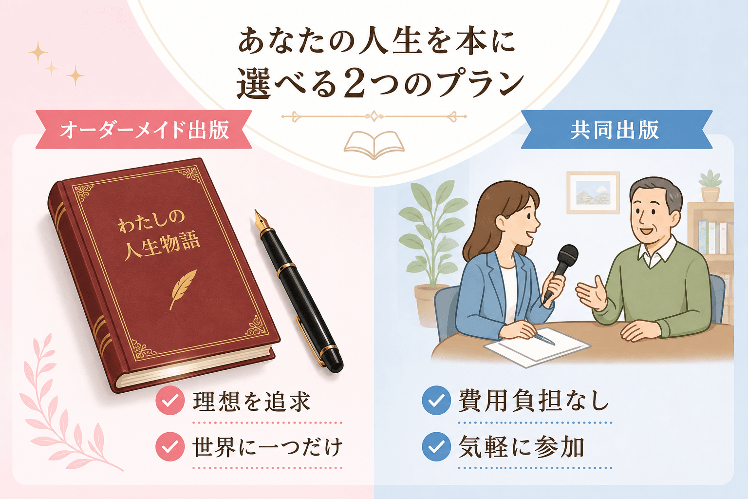 日本人、日本のスタイル, インフォグラフィック、比較図。中央にタイトル「あなたの人生を本に 選べる2つのプラン」。画面を左右に分割し、左に「オーダーメイド出版」、豪華な本と万年筆のイラスト、「理想を追