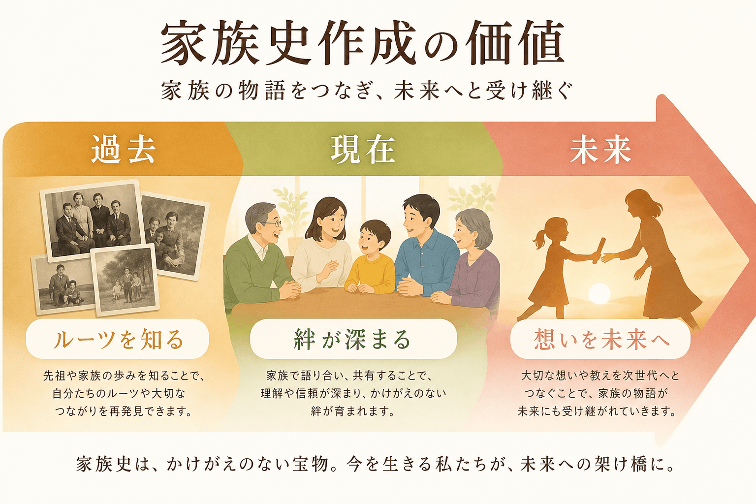 日本人、日本のスタイル, 「家族史作成の価値」をテーマにしたインフォグラフィック。フラットデザインのデジタルイラストで、温かみのある配色。左から右へ「過去」「現在」「未来」と時間軸で構成。「過去」は古