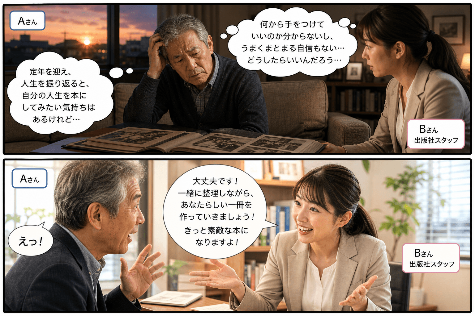 2コママンガ、コマ割りで1枚の画像に収める。コマ1: Aさん: 60代男性。定年を迎え、人生を振り返っている。 Bさん: 30代の出版社スタッフ。親しみやすい女性。、リビングのソファに座るAさん。テー