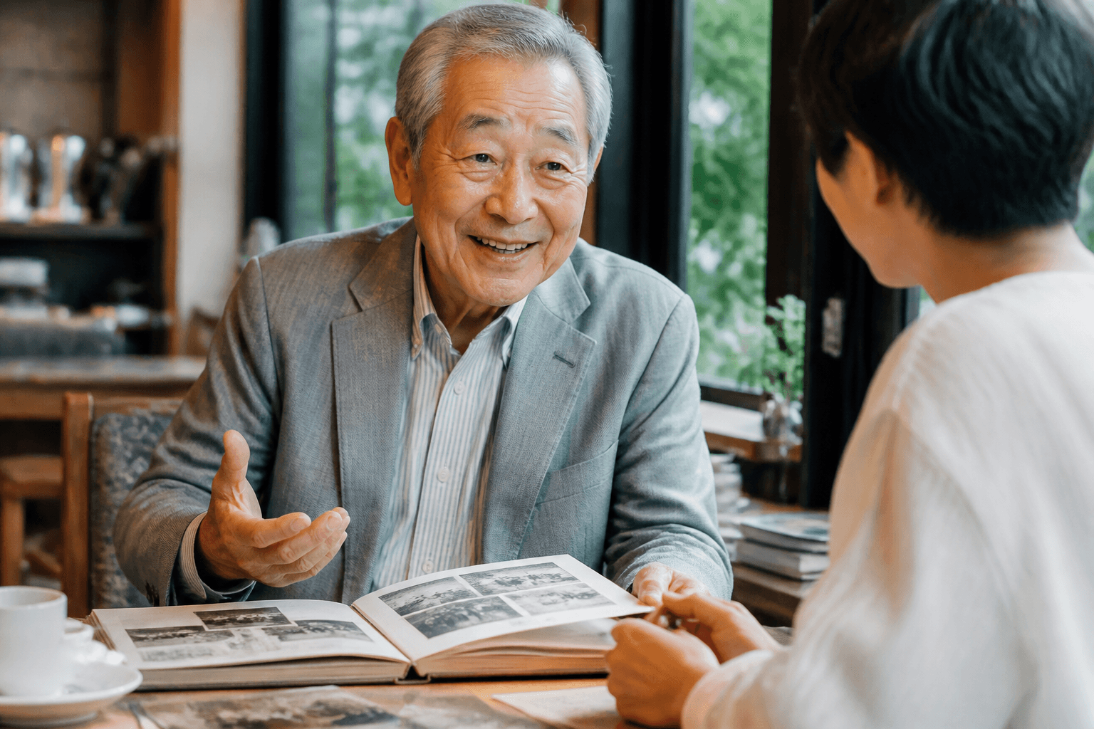 60代〜70代の人物が、カフェのようなリラックスした雰囲気の場所でインタビュアー（編集者）と楽しそうに話している様子の写真。手元には古いアルバムなどが置かれていると、よりイメージが伝わりやすい。]