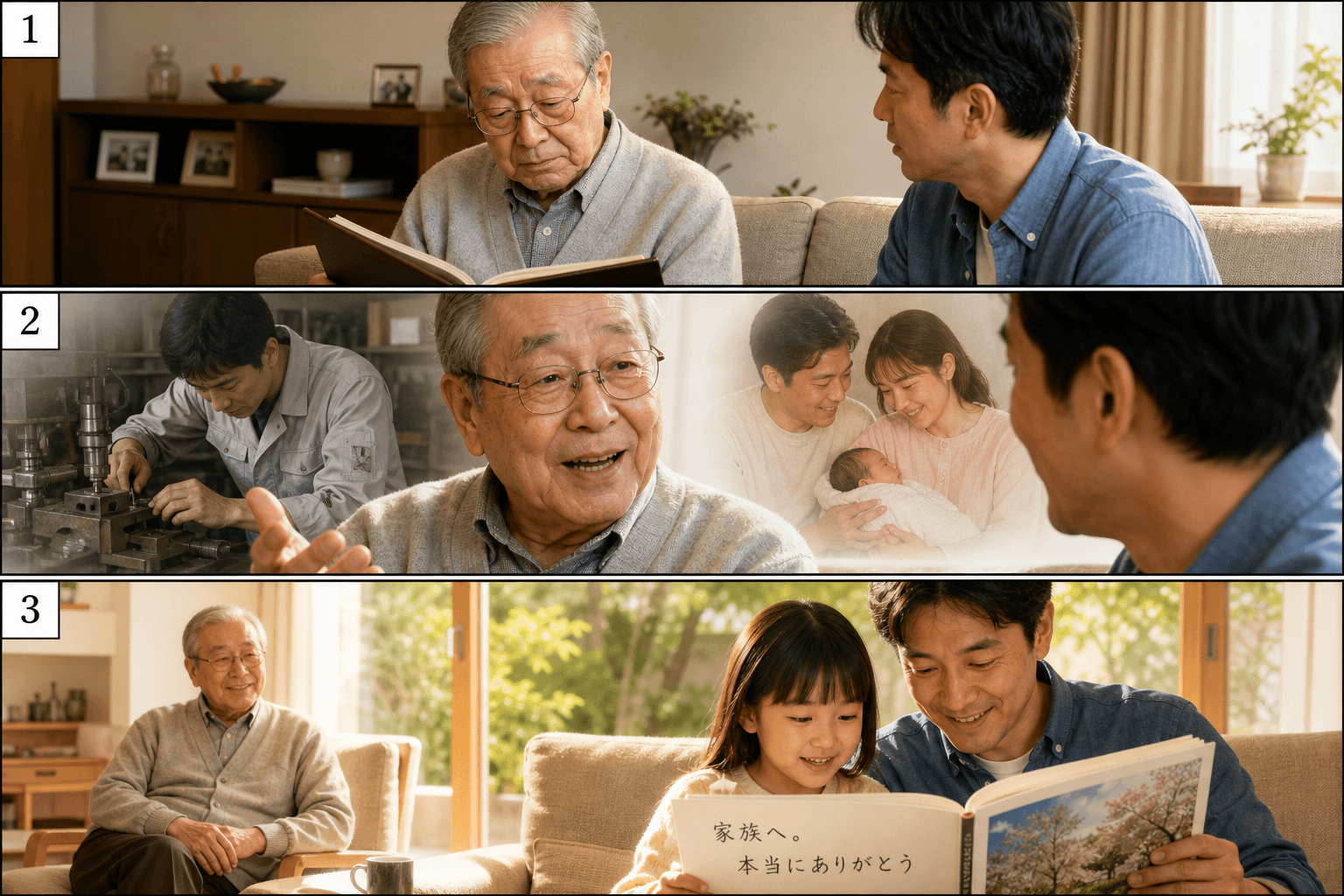 3コママンガ、コマ割りで1枚の画像に収める。コマ1: 鈴木さん: 70代の男性。終活を考え始めている。 鈴木さんの息子: 40代の男性。、リビングのソファに座る鈴木さんと息子。鈴木さんは古いアルバムを