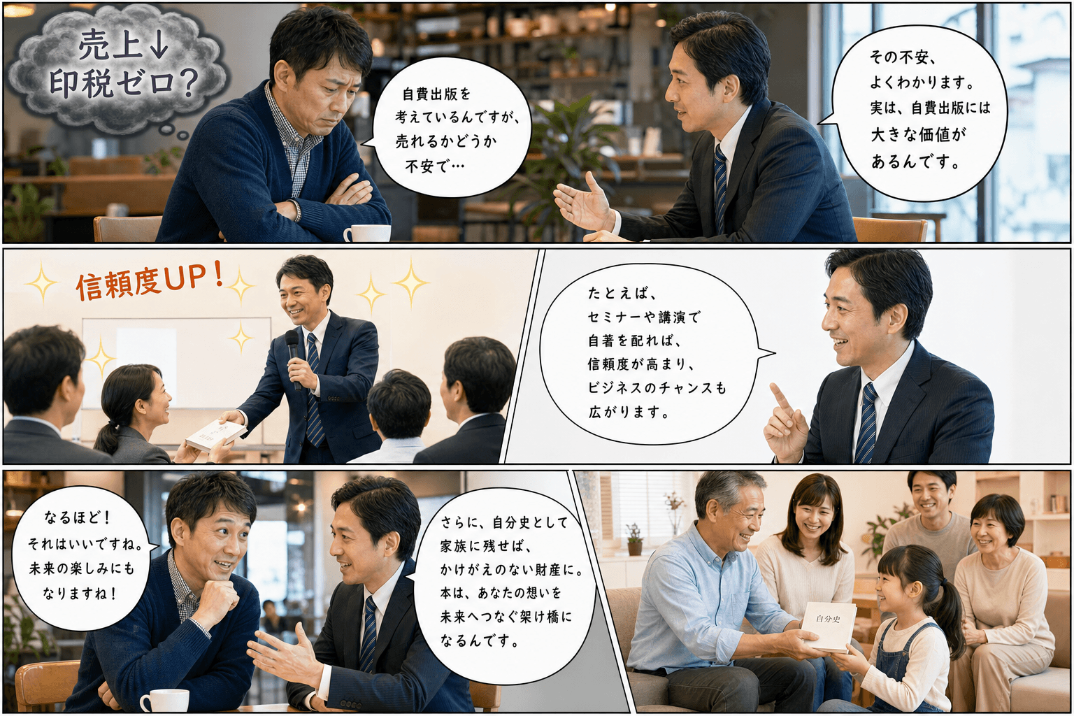 3コママンガ、コマ割りで1枚の画像に収める。コマ1: - Aさん: 自費出版を検討しているが、売れるかどうか不安な男性。 - Bさん: 出版社のアドバイザー。、カフェのテーブル。向かい合って座るAさん