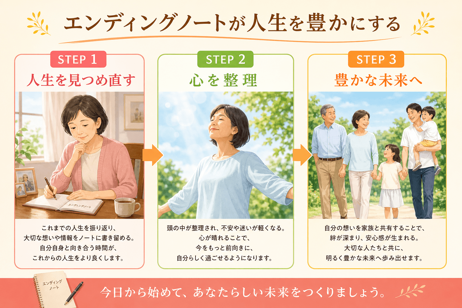 日本人、日本のスタイル, インフォグラフィック、フラットなデジタルイラスト。エンディングノートが人生を豊かにするプロセスを3ステップのフロー図で描く。ステップ1: 過去を振り返りノートを書き始める人物