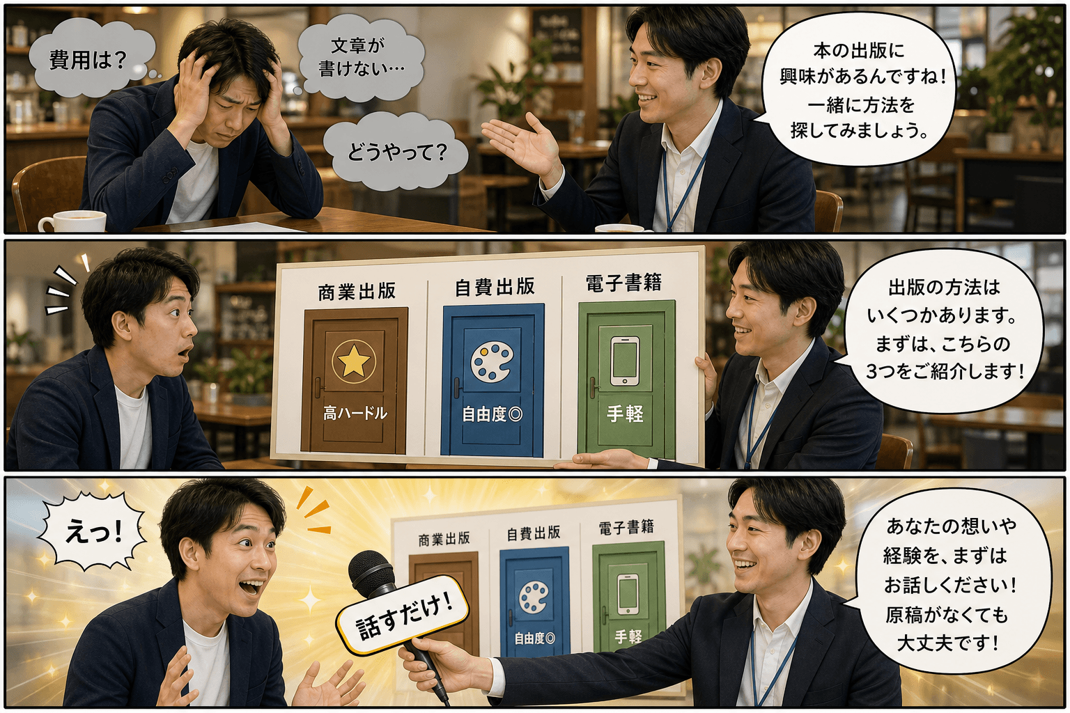 3コママンガ、コマ割りで1枚の画像に収める。コマ1: Aさん: 30代男性。本の出版に興味があるが、何から手をつけて良いか分からず悩んでいる。 Bさん: 出版社のスタッフ。親切な案内役。、カフェのテー