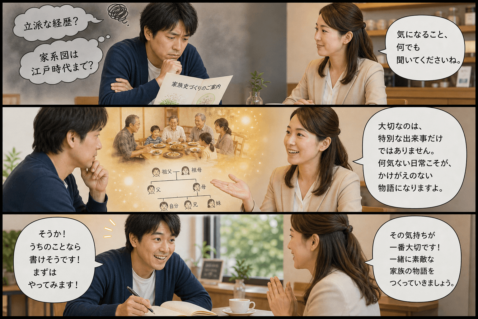 3コママンガ、コマ割りで1枚の画像に収める。コマ1: Aさん: 家族史づくりに興味がある30代男性。 Bさん: 専門スタッフ。穏やかで安心感のある女性。、カフェのテーブル。Aさんが腕を組み、難しい顔で