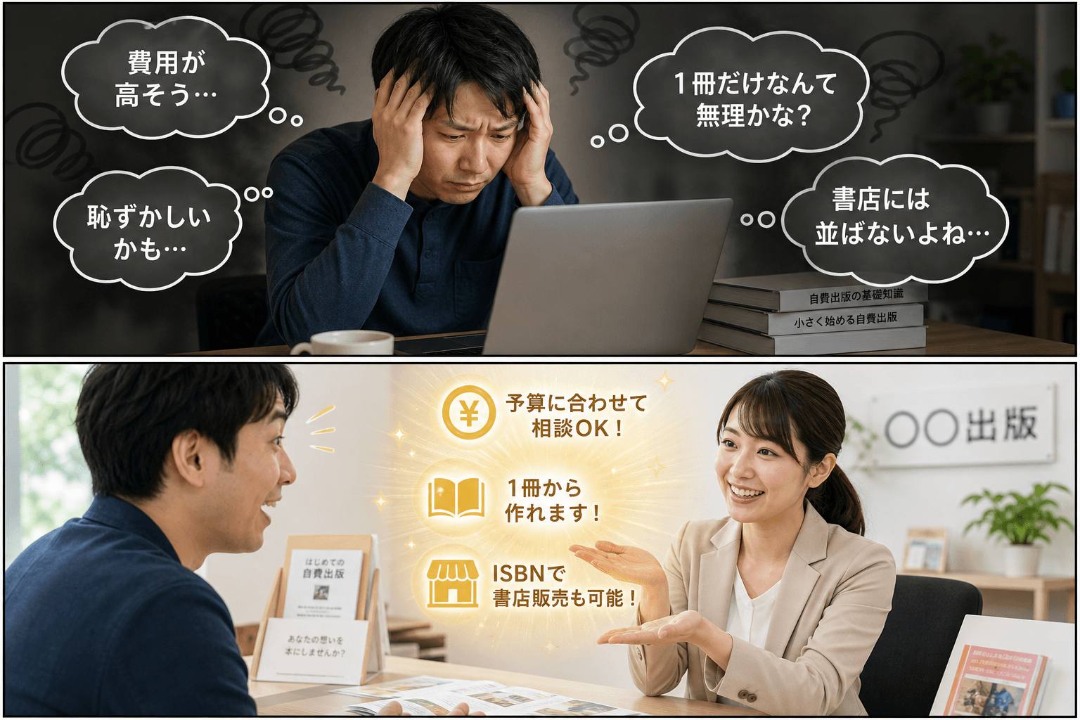 2コママンガ、コマ割りで1枚の画像に収める。コマ1: - Aさん: 30代男性。自費出版に興味があるが、不安を抱えている。 - Bさん: 出版社のスタッフ。親しみやすい雰囲気の女性。、自宅の机で、男性