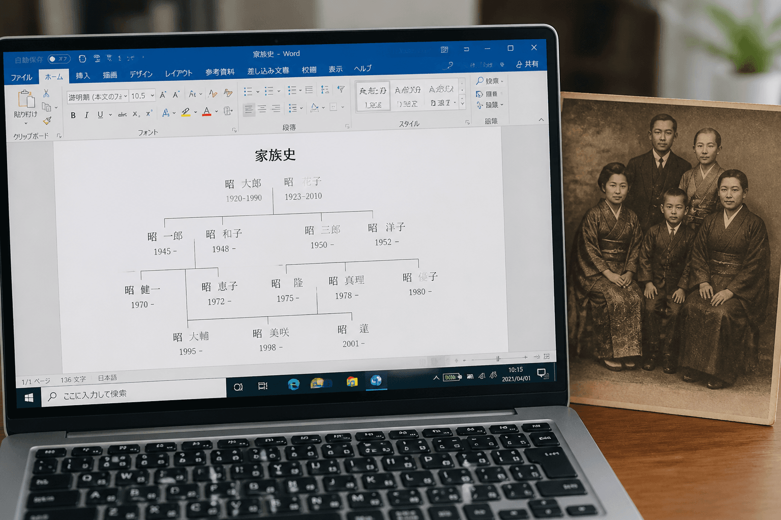 パソコンの画面に表示されたWordで作成中の家族史と、その横に置かれた古い家族写真]