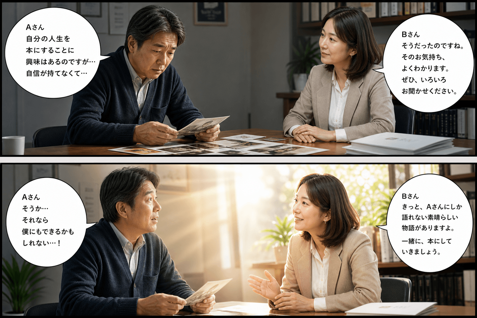 2コママンガ、コマ割りで1枚の画像に収める。コマ1: Aさん: 50代の男性。自分の人生を本にすることに興味があるが、自信が持てない。 Bさん: 出版社の女性スタッフ。穏やかで聞き上手。、相談室のテー