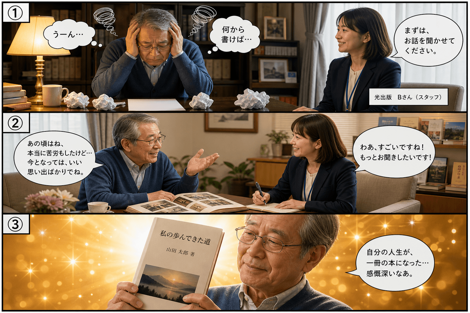3コママンガ、コマ割りで1枚の画像に収める。コマ1: Aさん: 60代男性。自分の人生を本にしたいが、執筆に悩んでいる。 Bさん: 光出版の女性スタッフ。聞き上手で親しみやすい。、自宅の書斎。Aさんが