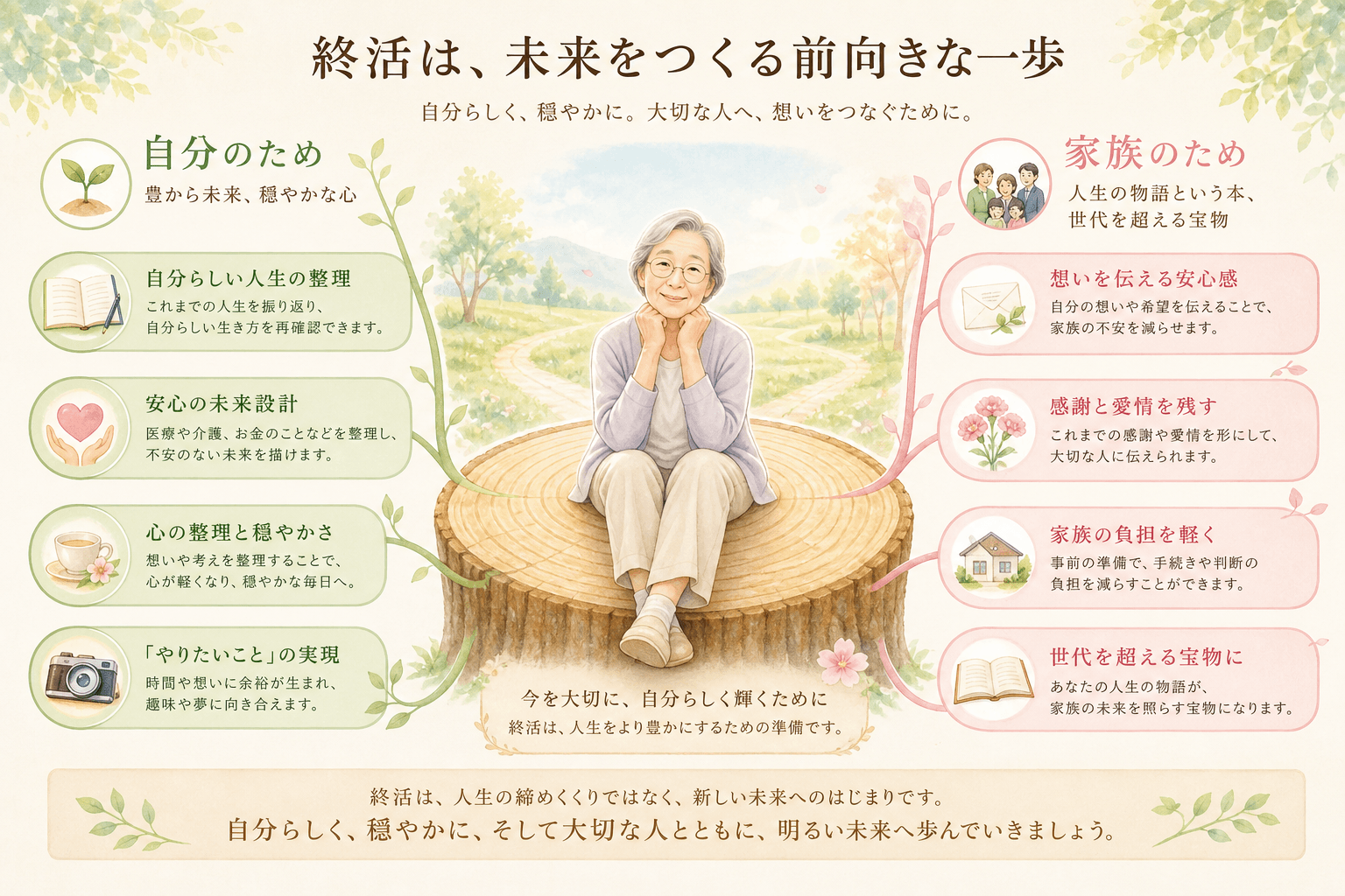 日本人、日本のスタイル, 「終活」のポジティブな価値を伝える図解イラスト。中央に、穏やかな表情の高齢者が人生の道のりを象徴する年輪の上に座っている。そこから線が伸び、「自分のため（豊かな未来、穏やかな