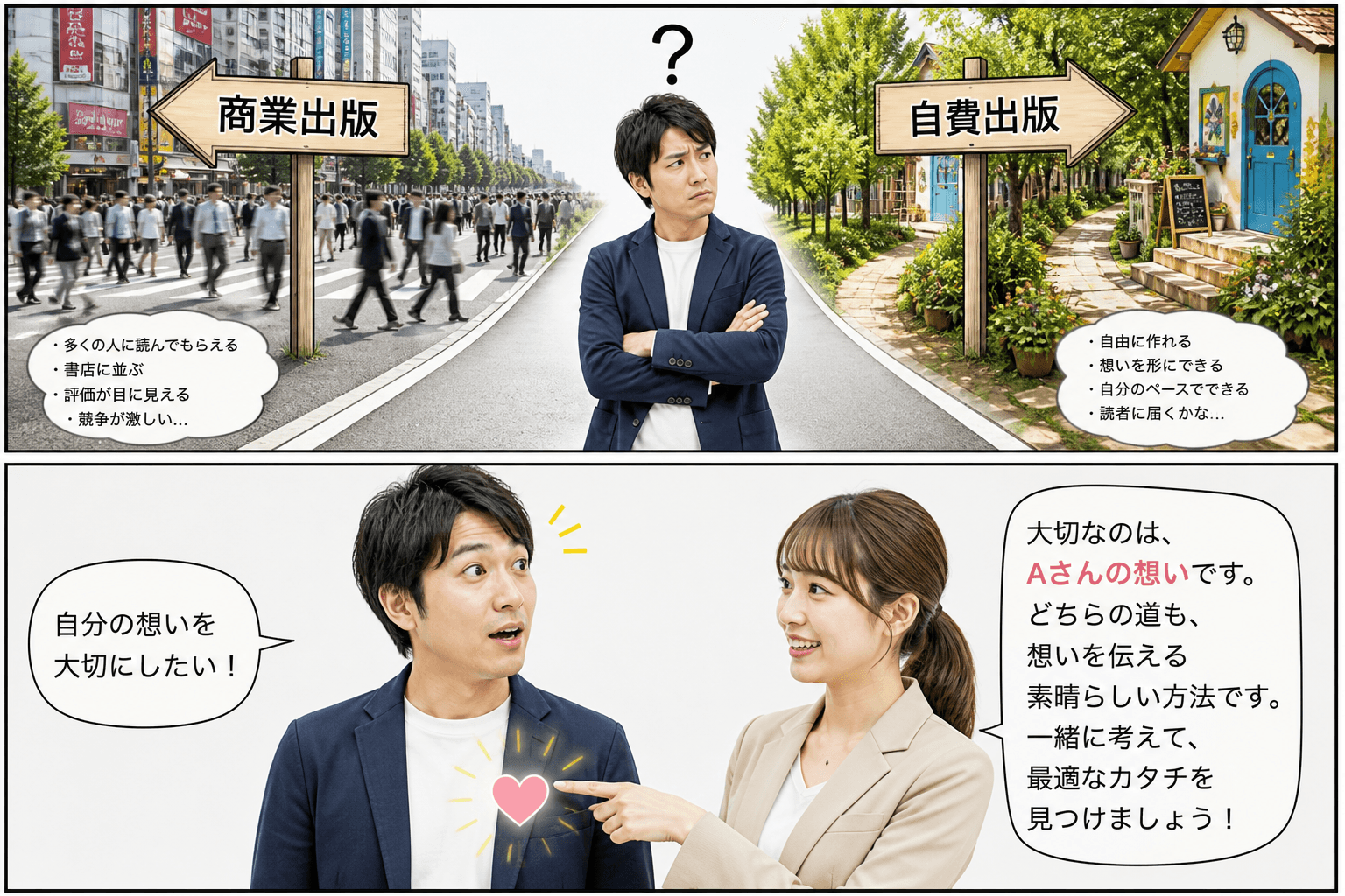 2コママンガ、コマ割りで1枚の画像に収める。コマ1: - Aさん: 本を出したいと考えている30代男性。少し悩んでいる様子。 - Bさん: 出版社のスタッフ。親しみやすい雰囲気の女性。、Aさんが分かれ