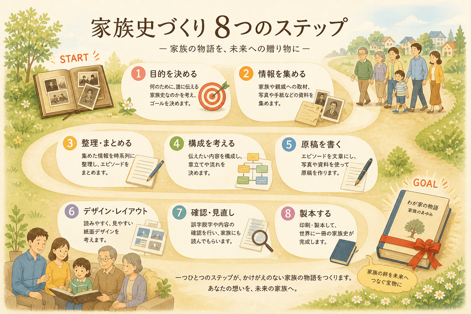 日本人、日本のスタイル, 「家族史づくり 8つのステップ」というタイトルのインフォグラフィック。温かみのあるフラットデザインのデジタルイラスト。S字の道に沿って、目的設定から製本までの8つのステップを