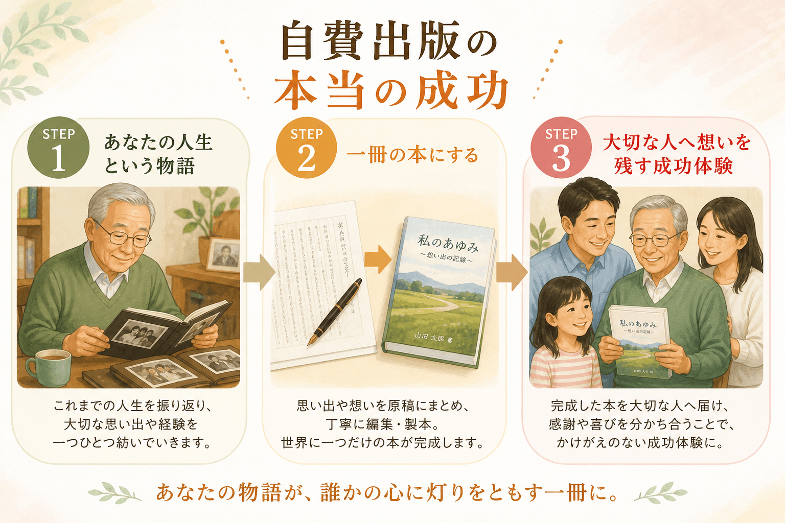 日本人、日本のスタイル, インフォグラフィック、3ステップのフロー図。ステップ1: シニアがアルバムを見ながら人生を振り返る姿と「あなたの人生という物語」。ステップ2: その物語が原稿から本になる過程