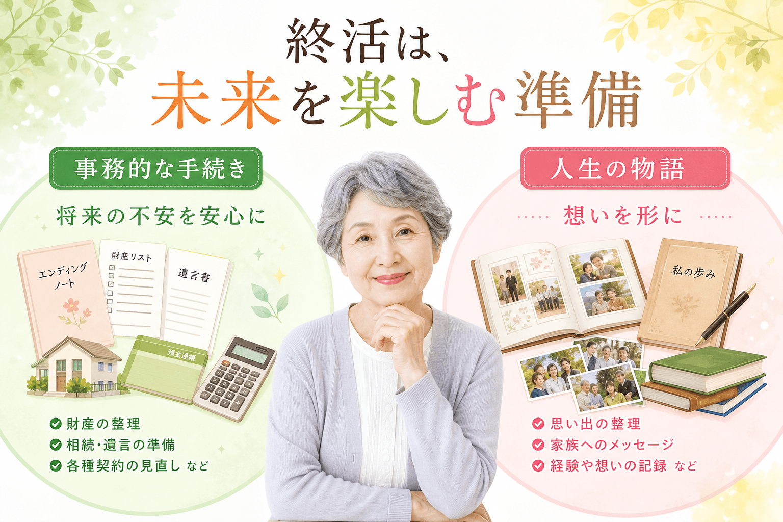 日本人、日本のスタイル, インフォグラフィック、デジタルイラスト。中央に「終活は、未来を楽しむ準備」というタイトルと穏やかな笑顔のシニア女性。図を大きく2つに分け、左に「事務的な手続き」として書類やお