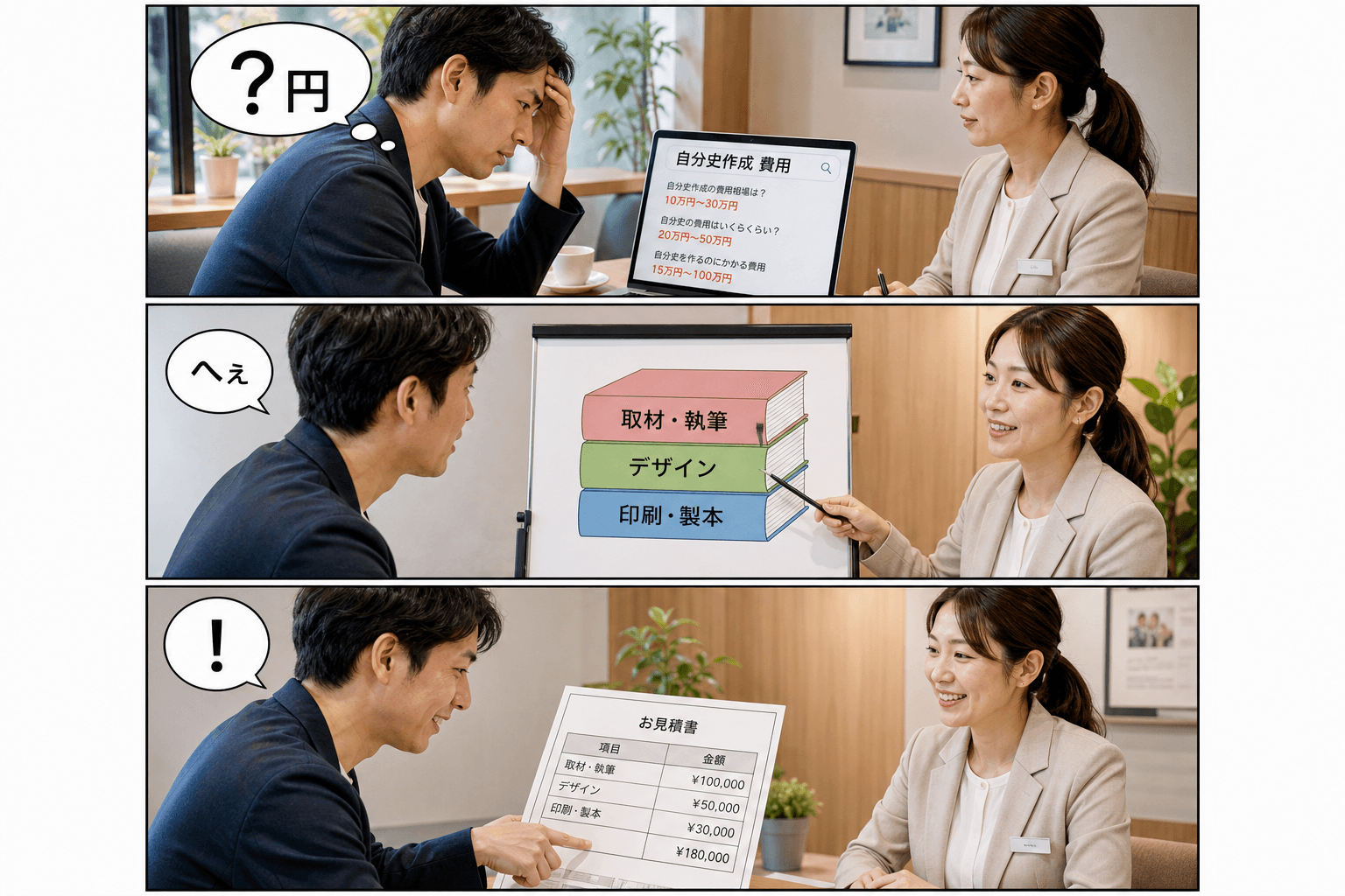 3コママンガ、コマ割りで1枚の画像に収める。コマ1: - Aさん: 自分史作成を検討している30代男性。費用について漠然とした不安を抱えている。 - Bさん: 自分史作成代行業者の女性スタッフ。親身に