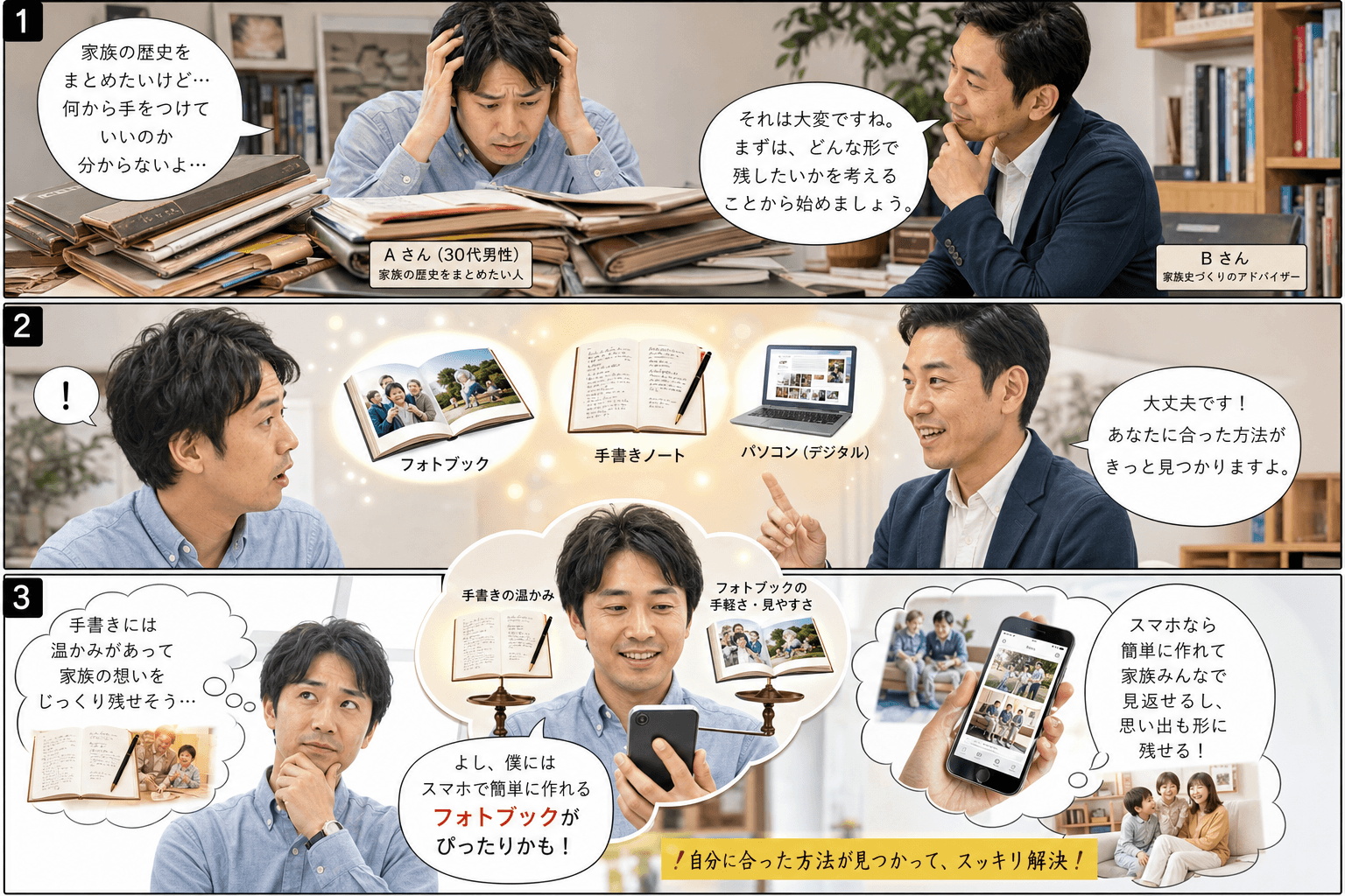 3コママンガ、コマ割りで1枚の画像に収める。コマ1: Aさん: 30代男性。家族の歴史をまとめたいと思っている。 Bさん: 家族史づくりのアドバイザー。、Aさんが、机に山積みにされた古いアルバムや書類