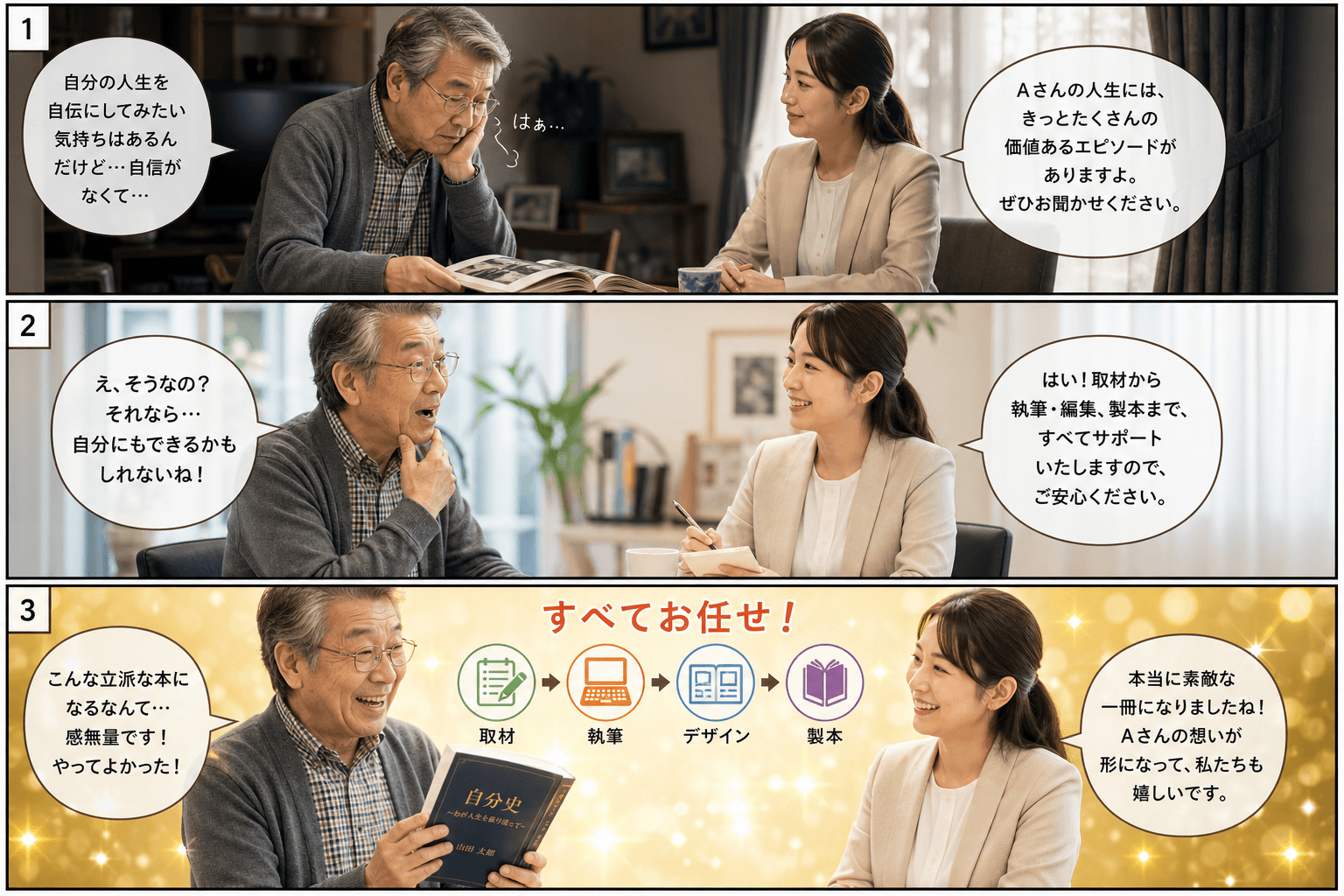 3コママンガ、コマ割りで1枚の画像に収める。コマ1: Aさん: 60代の男性。自伝づくりに興味があるが、自信がない。 Bさん: 光出版の女性スタッフ。穏やかで聞き上手。、自宅の居間で、古いアルバムを眺